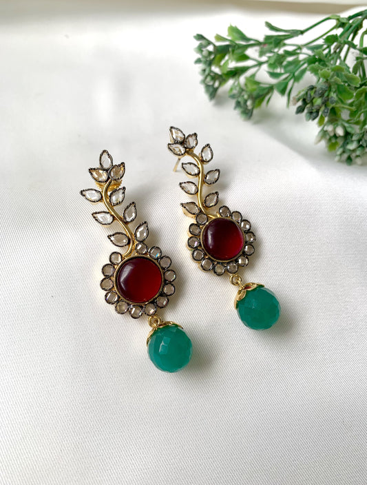 Handcrafted Ravena Earrings with Semi-Precious Ruby & Emerald drops in Victorian oxidized finish by Zamal Jewels