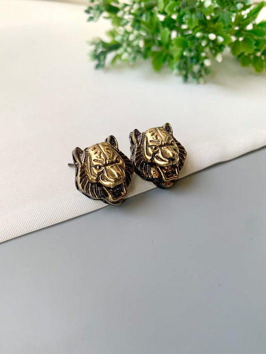 Designer-inspired Regal Roar Lion Studs in antique gold finish with detailed lion motif — Zamal Jewels