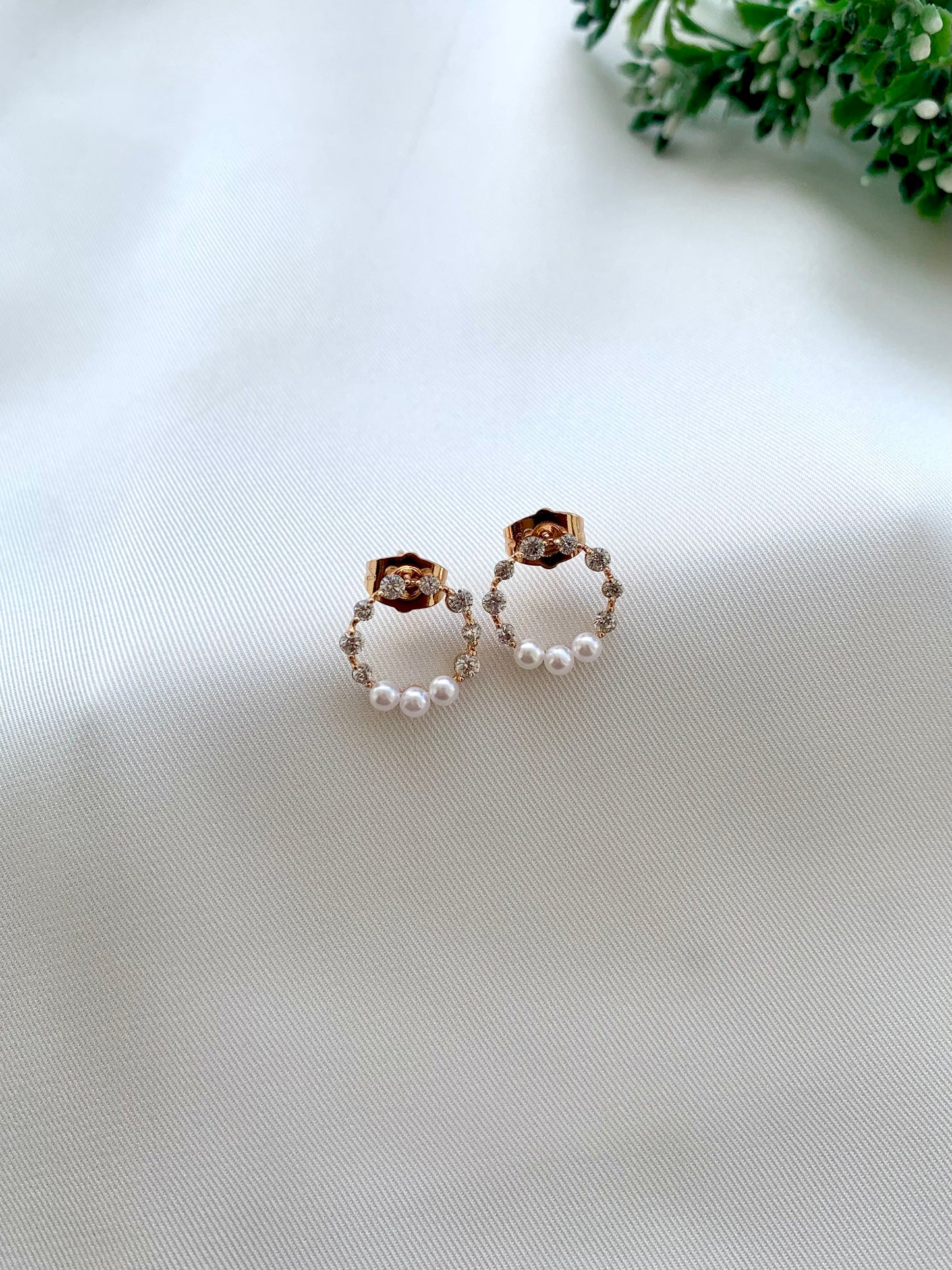 Ria tiny gold plated studs with American diamonds and pearl accents