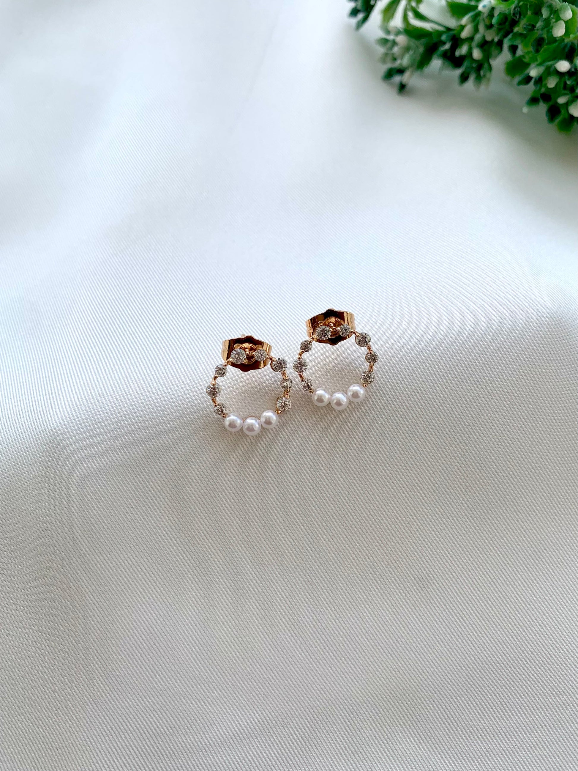 Ria tiny gold plated studs with American diamonds and pearl accents