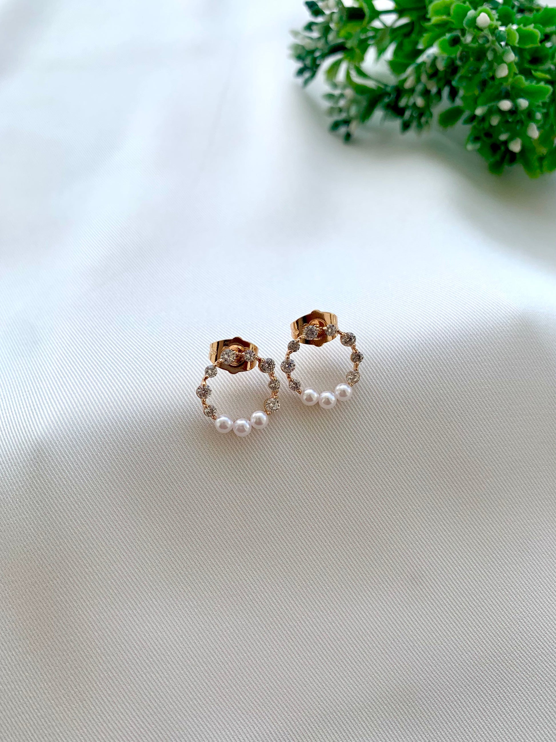 Ria tiny gold plated studs with American diamonds and pearl accents