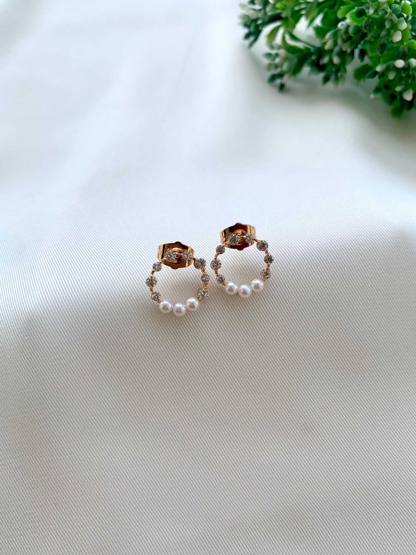Ria tiny gold plated studs with American diamonds and pearl accents