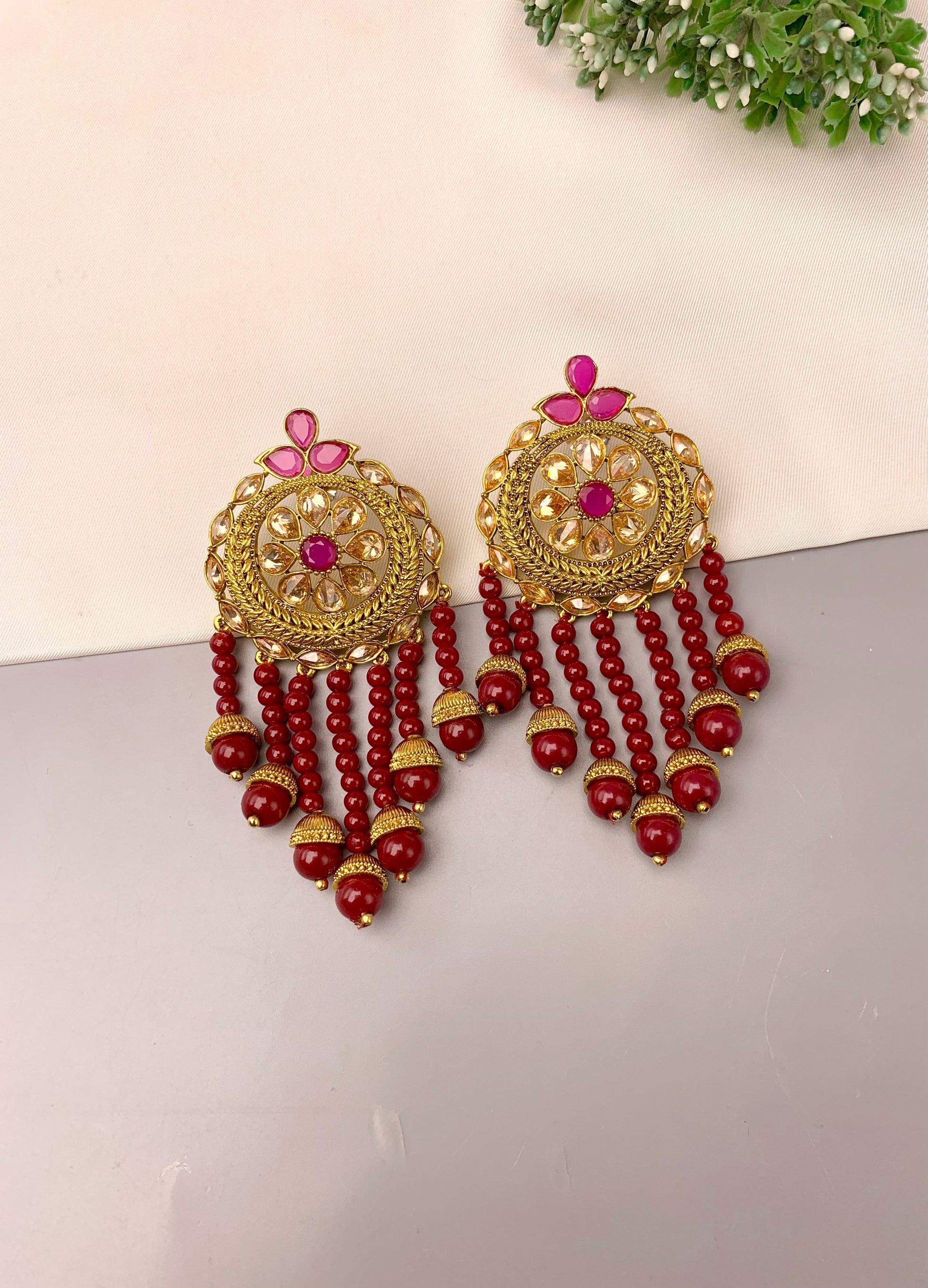 Rihana handcrafted 22kt gold plated earrings with semi-precious Polki and Ruby stones