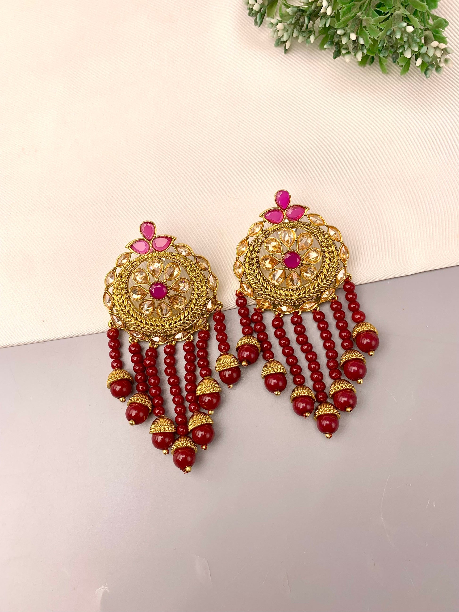 Rihana handcrafted 22kt gold plated earrings with semi-precious Polki and Ruby stones