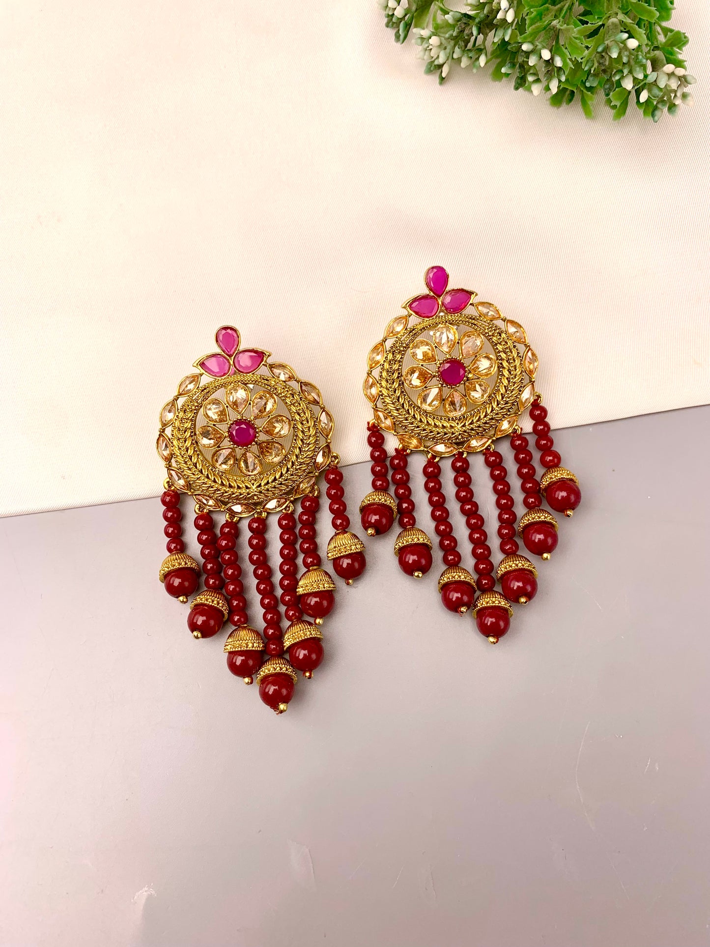 Rihana handcrafted 22kt gold plated earrings with semi-precious Polki and Ruby stones