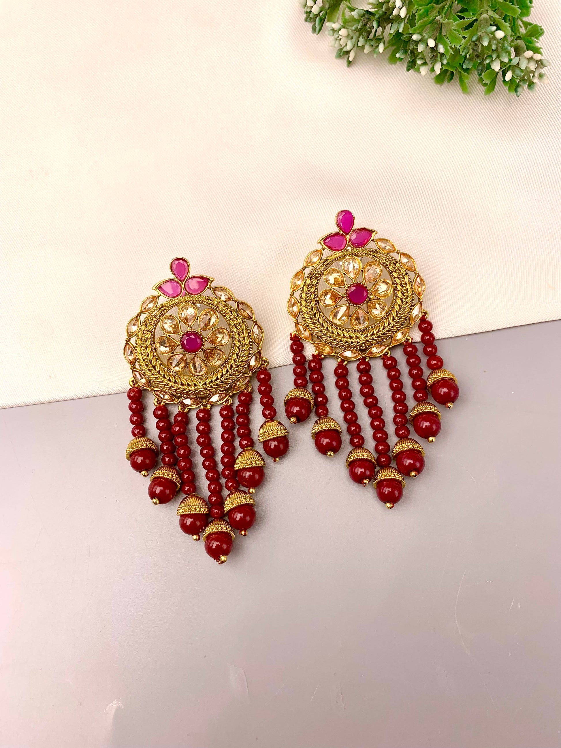 Rihana handcrafted 22kt gold plated earrings with semi-precious Polki and Ruby stones