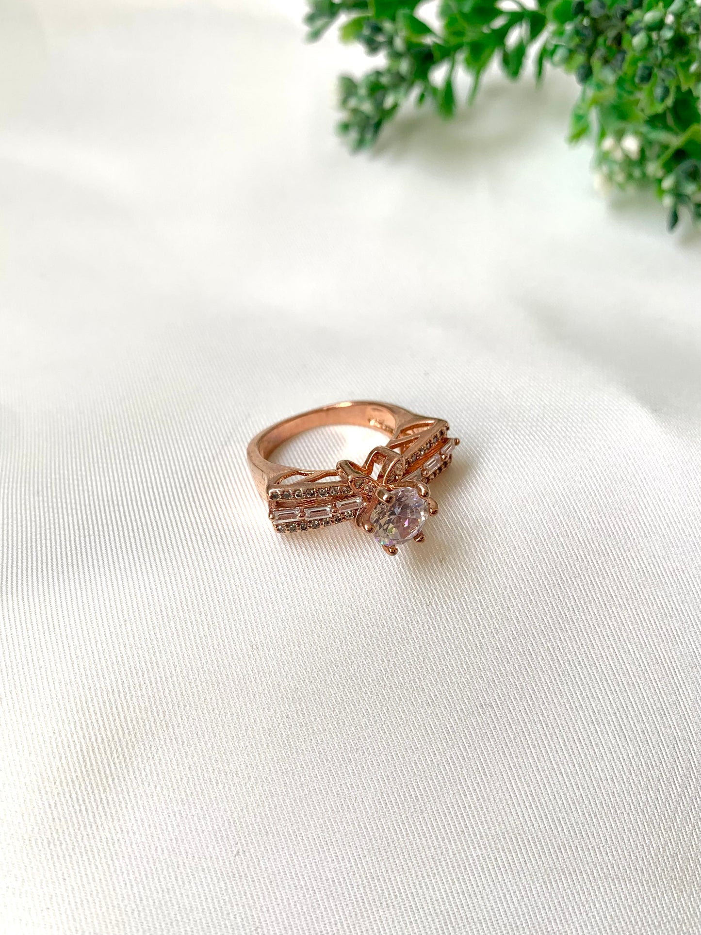 Hand crafted Romana ring in 22kt rose gold plating with high quality American diamonds