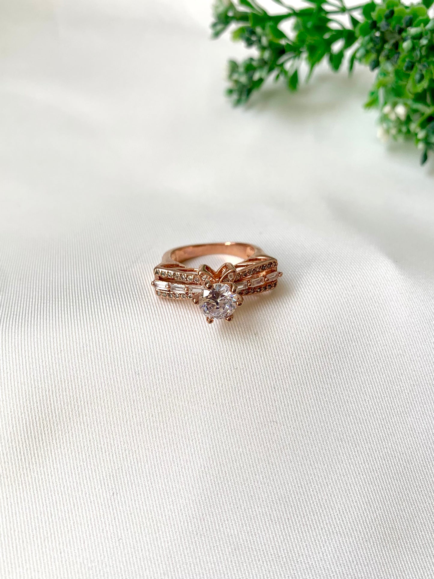 Hand crafted Romana ring in 22kt rose gold plating with high quality American diamonds