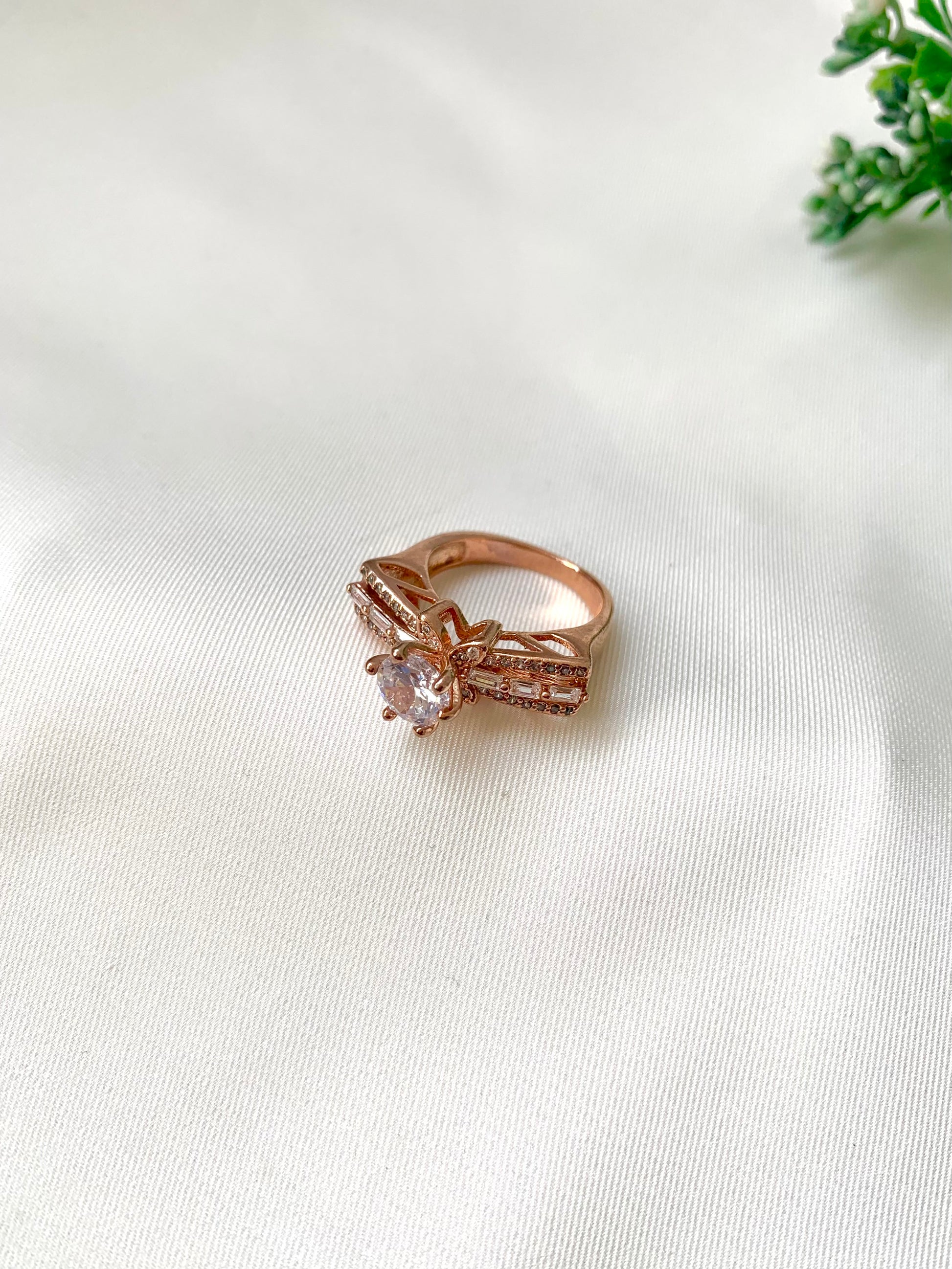 Hand crafted Romana ring in 22kt rose gold plating with high quality American diamonds