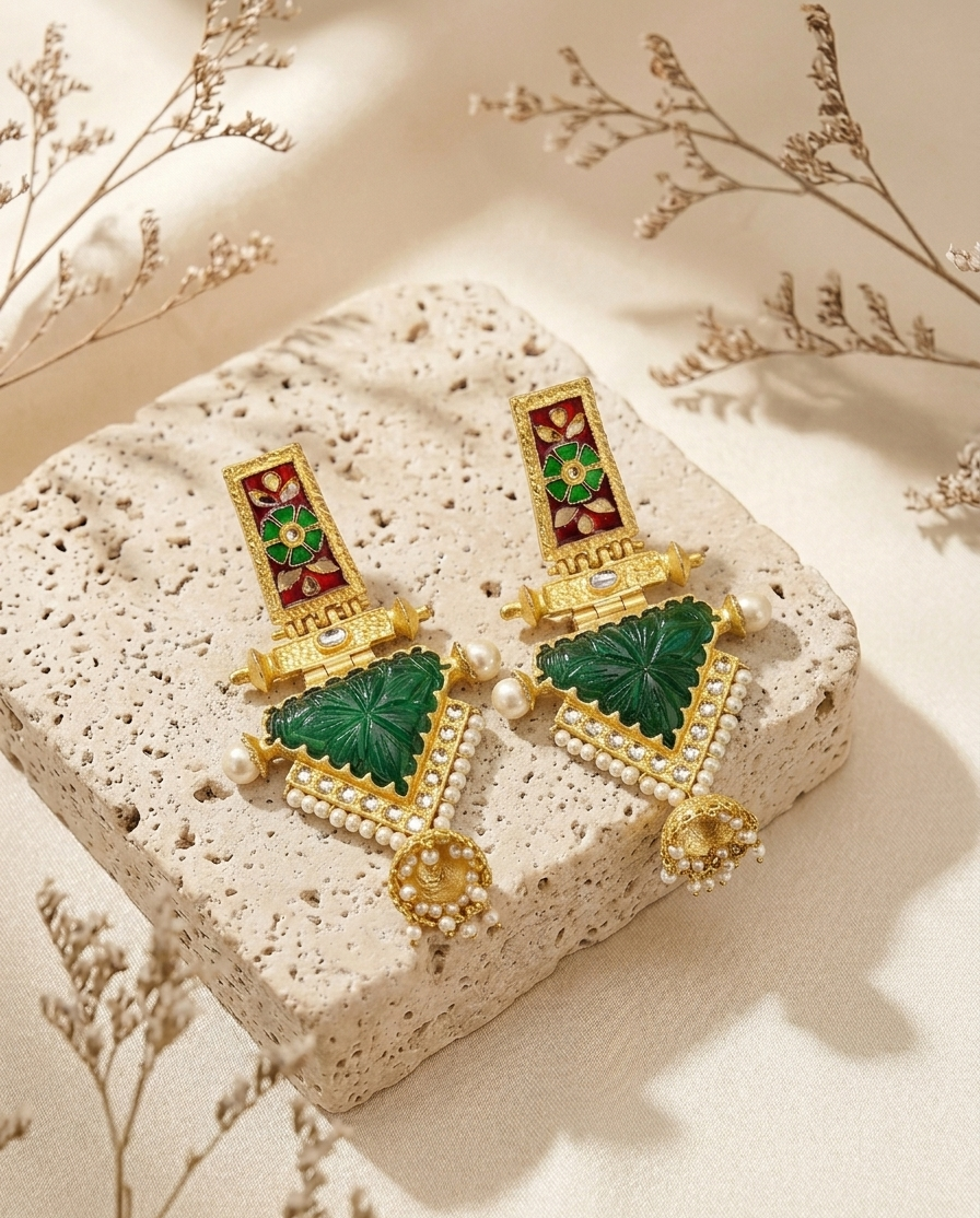 Roniya handcrafted jhumkas in 22kt gold plating with hand carved emerald polki kundan pearls and meena work