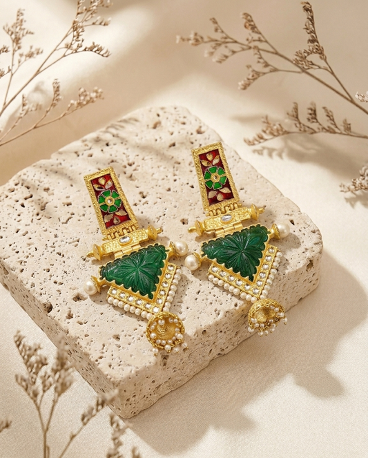Roniya handcrafted jhumkas in 22kt gold plating with hand carved emerald polki kundan pearls and meena work