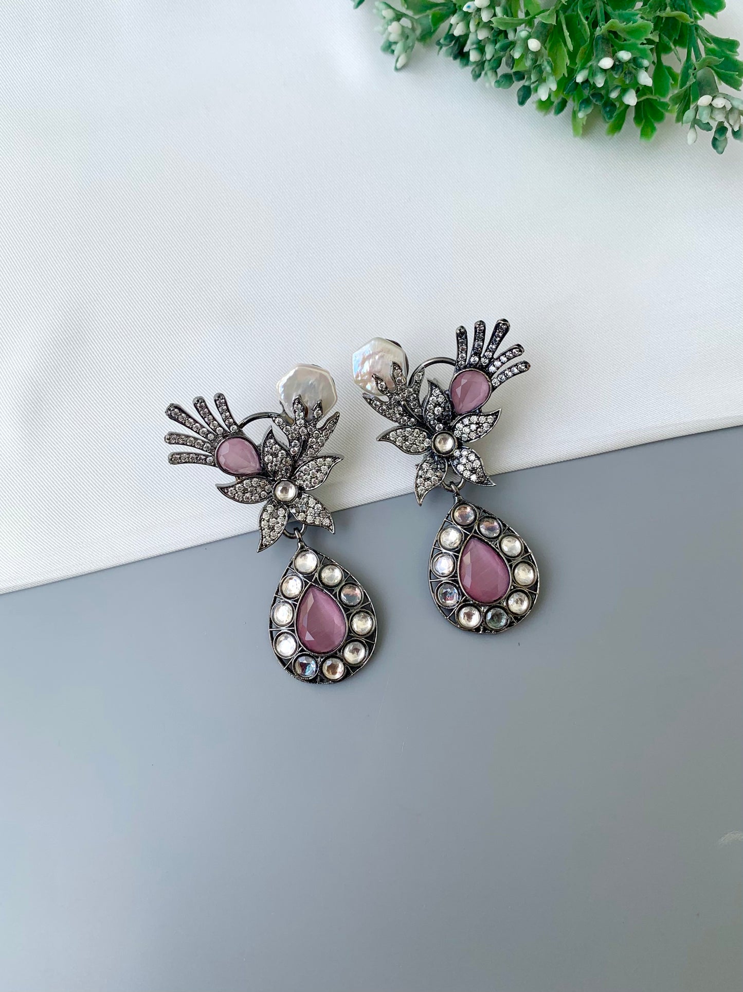 Roobin rhodium plated oxidized earrings with baroque pearls polki kundan and pink onyx