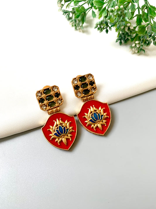 Handcrafted Rosina Earrings in 22kt Gold with Polki Diamonds and red Meena