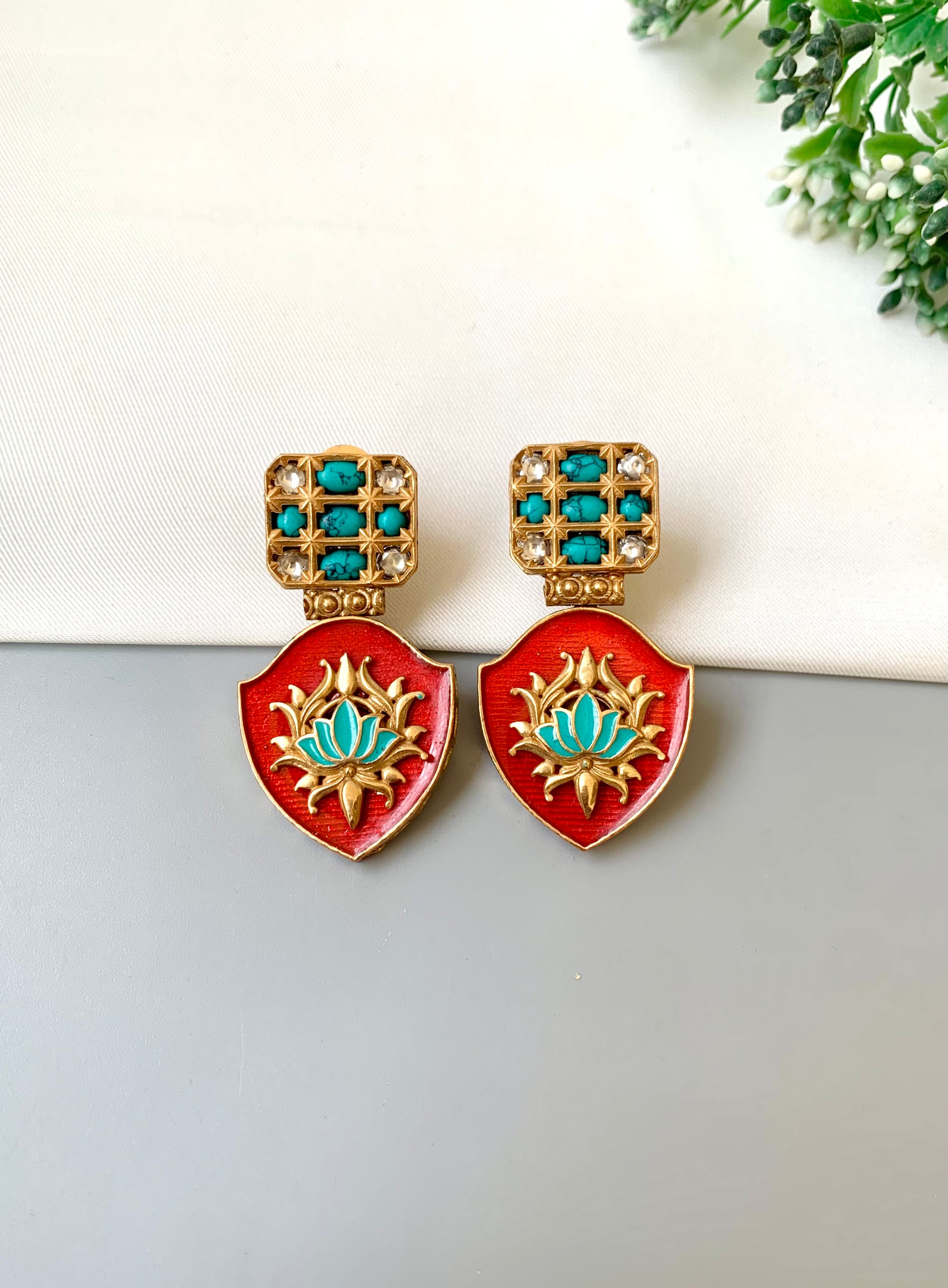 Rosina coral lotus earrings in 22kt gold plating with polki kundan and meena work