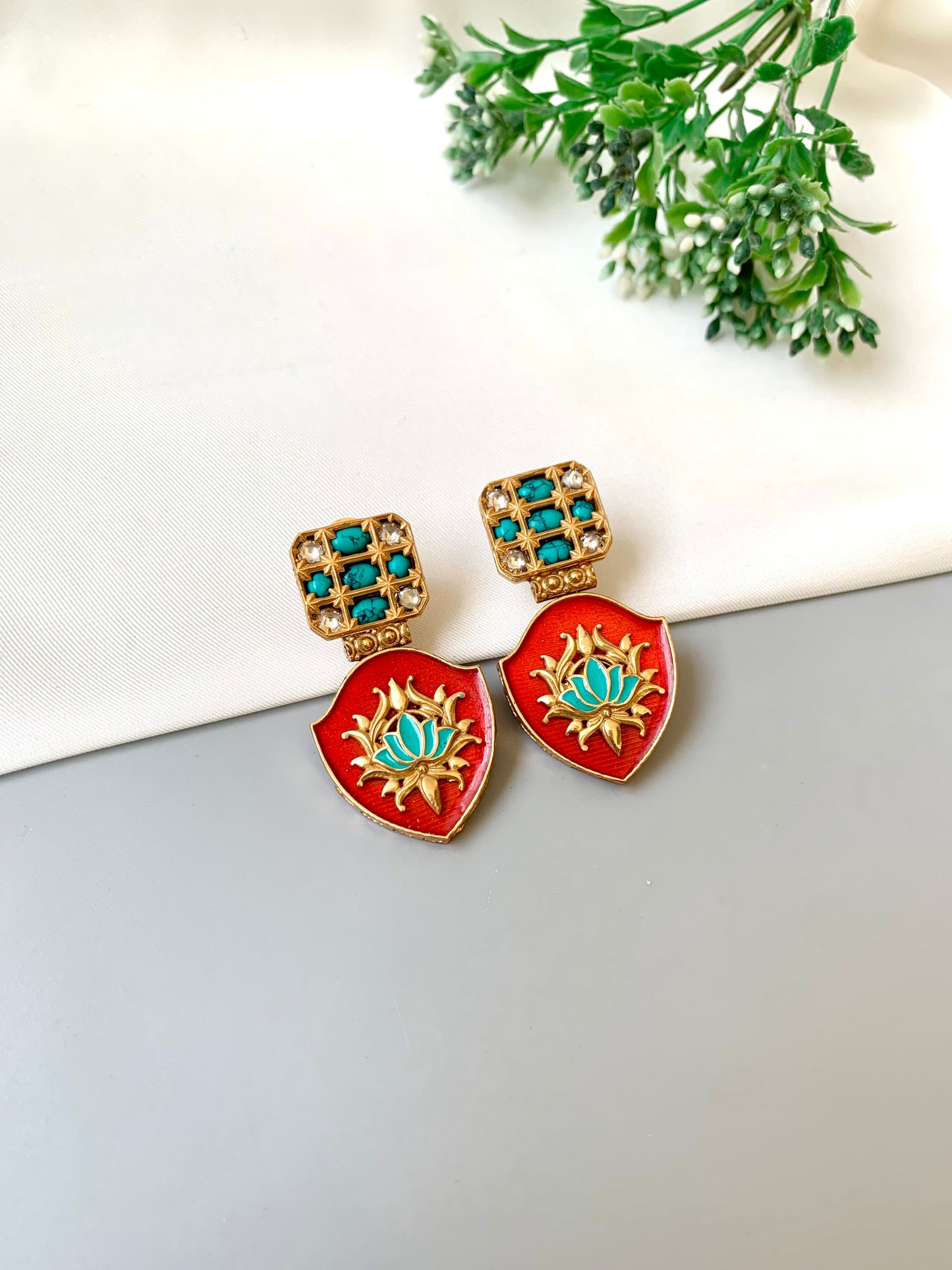 Rosina coral lotus earrings in 22kt gold plating with polki kundan and meena work