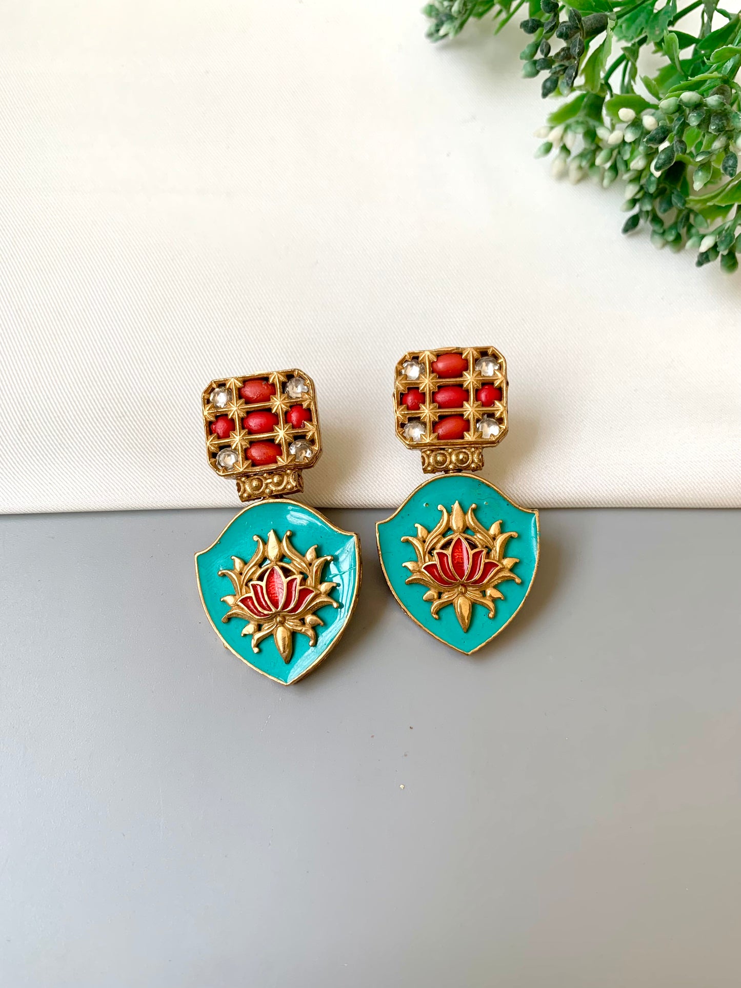 Rosina feroza lotus earrings in 22kt gold plating with polki kundan and meena work