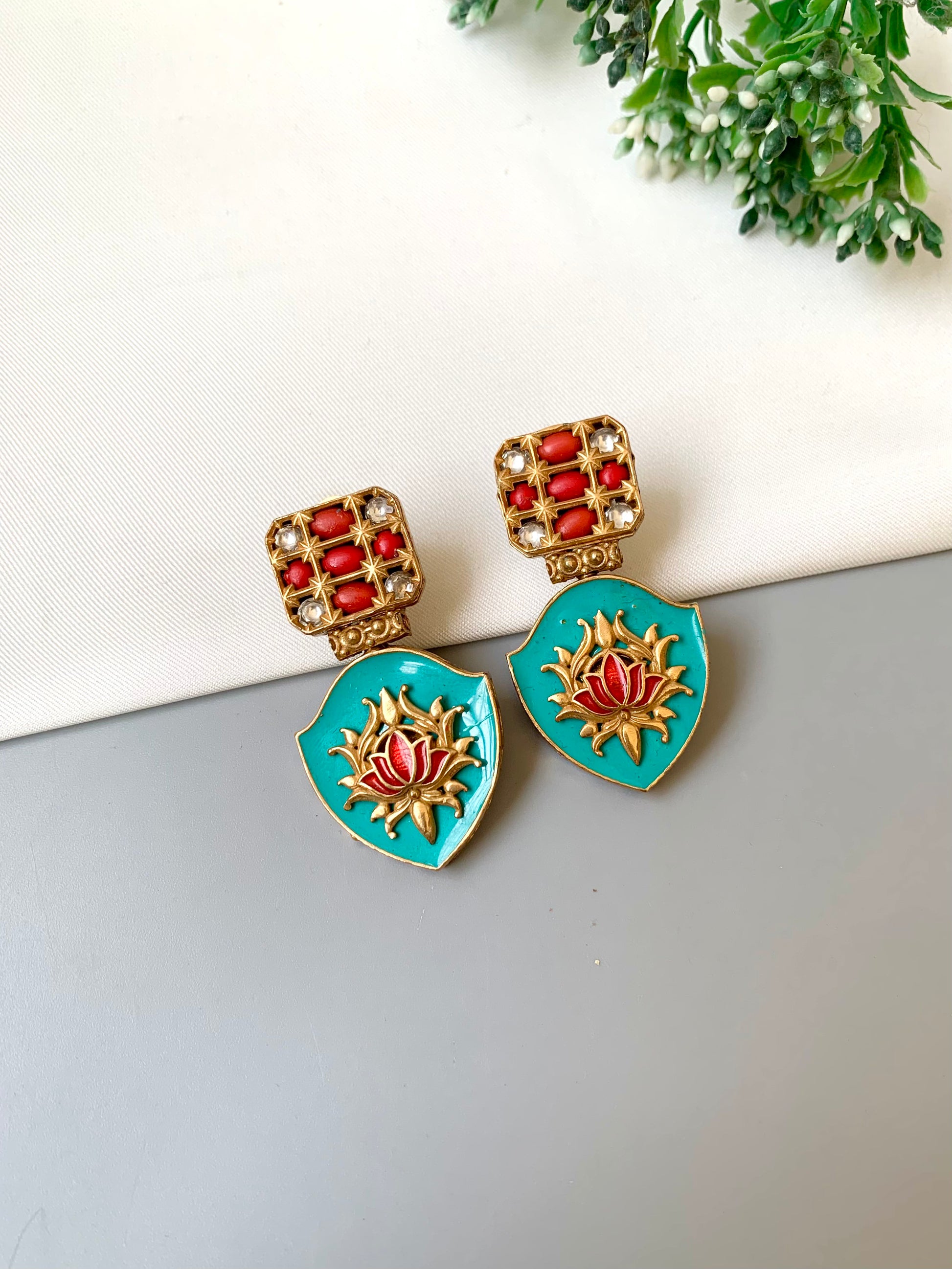 Rosina feroza lotus earrings in 22kt gold plating with polki kundan and meena work