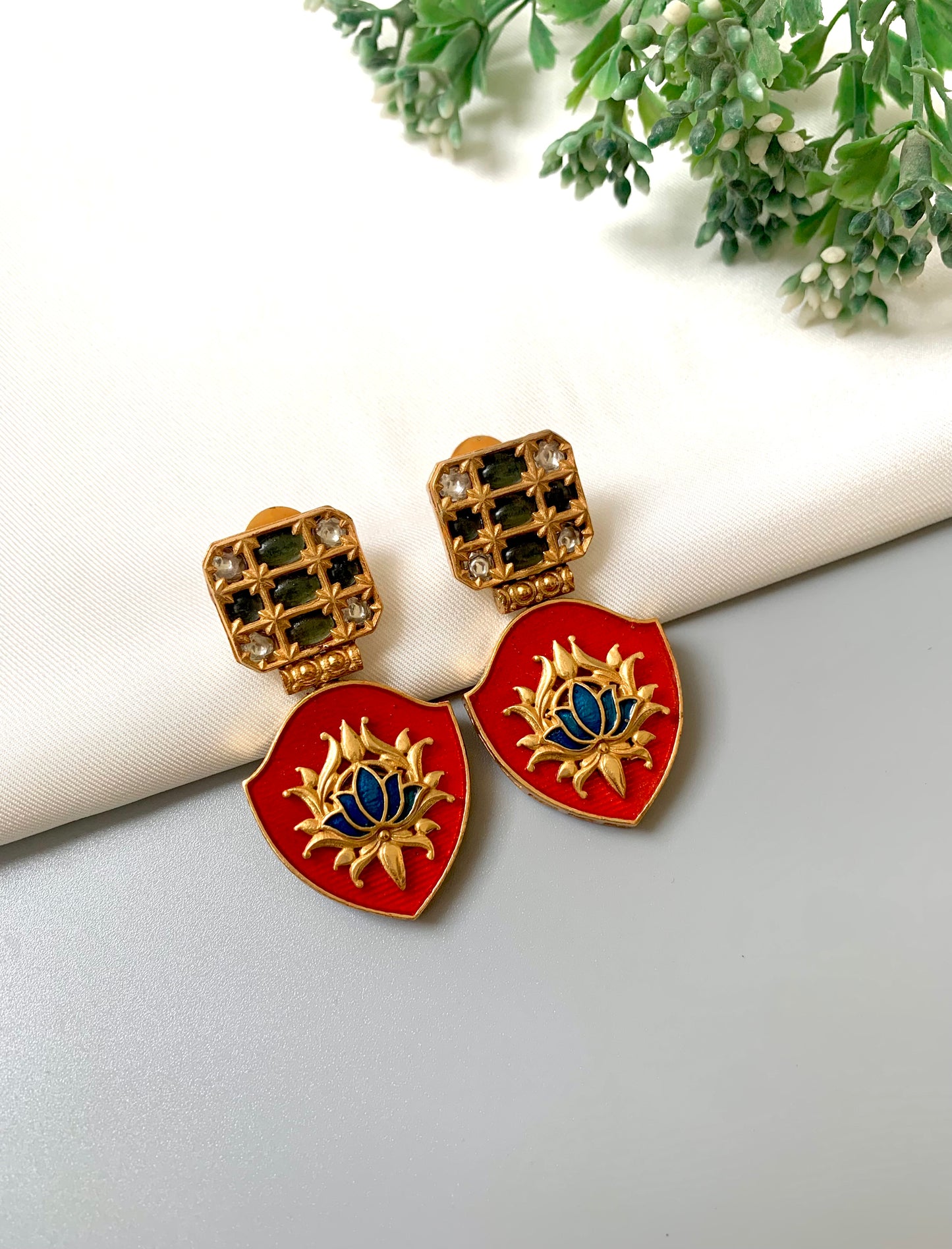 Rosina sapphire lotus earrings in 22kt gold plating with polki kundan and meena work