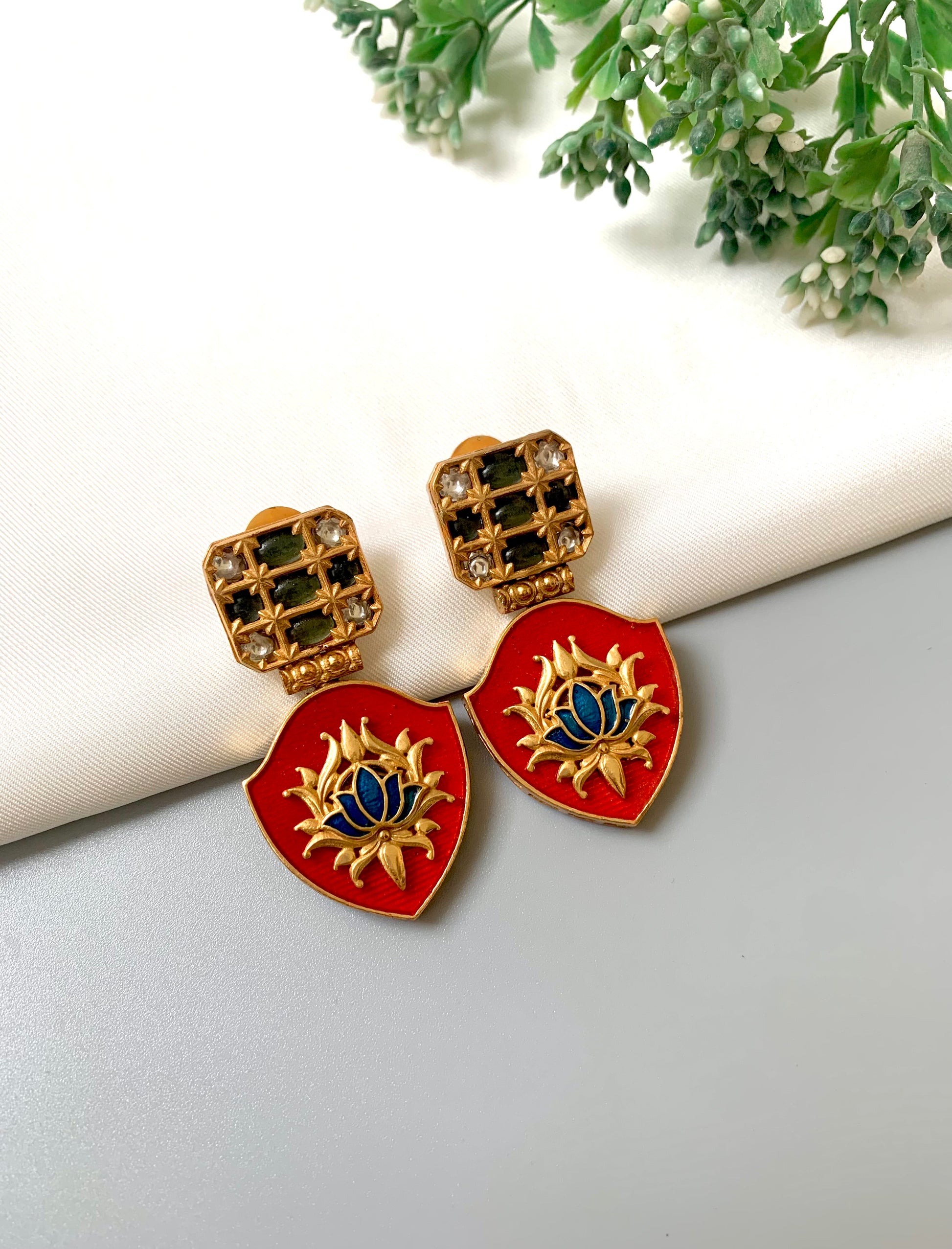Rosina sapphire lotus earrings in 22kt gold plating with polki kundan and meena work