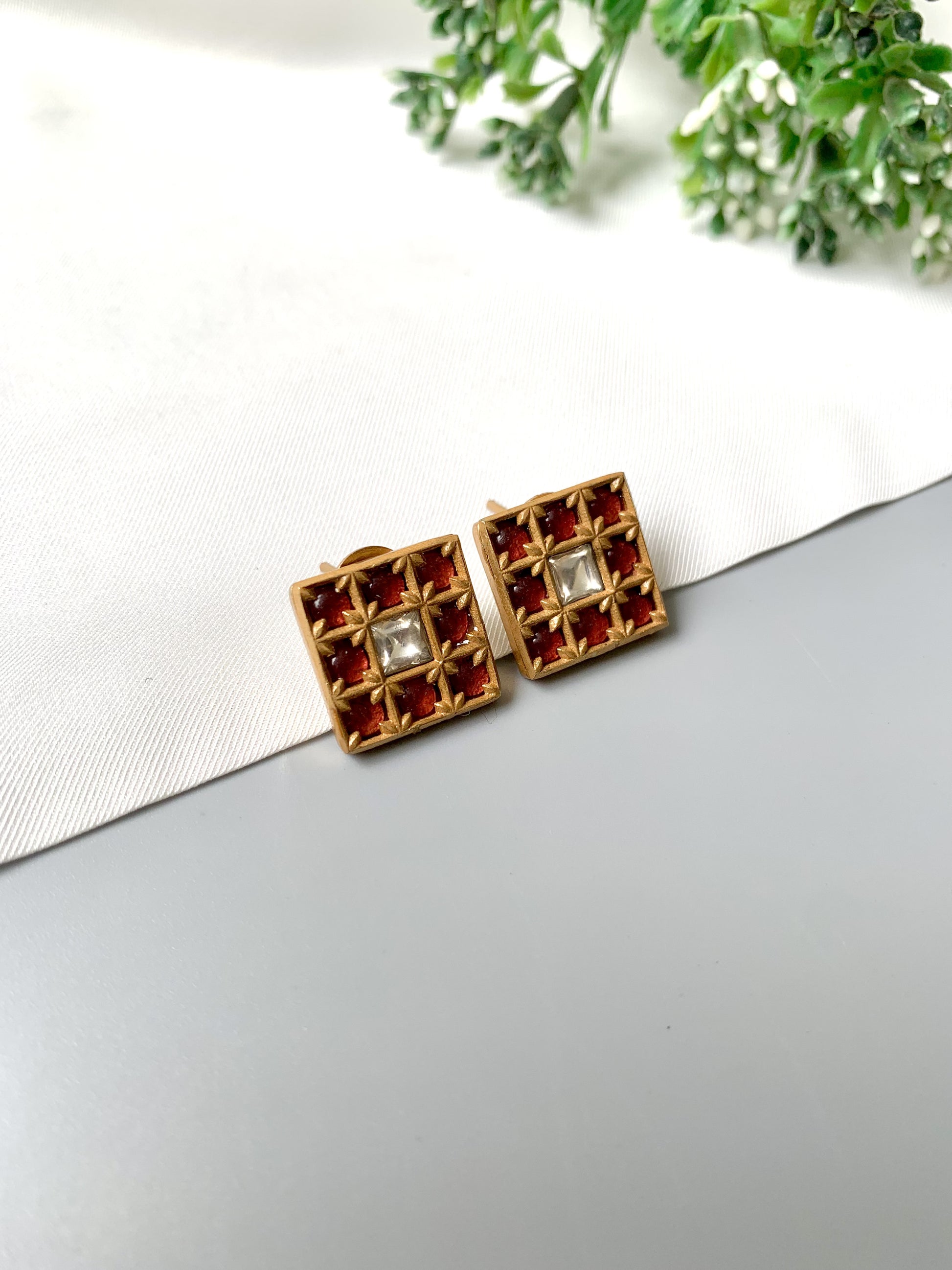 Handcrafted ruby grid Polki stud earrings 