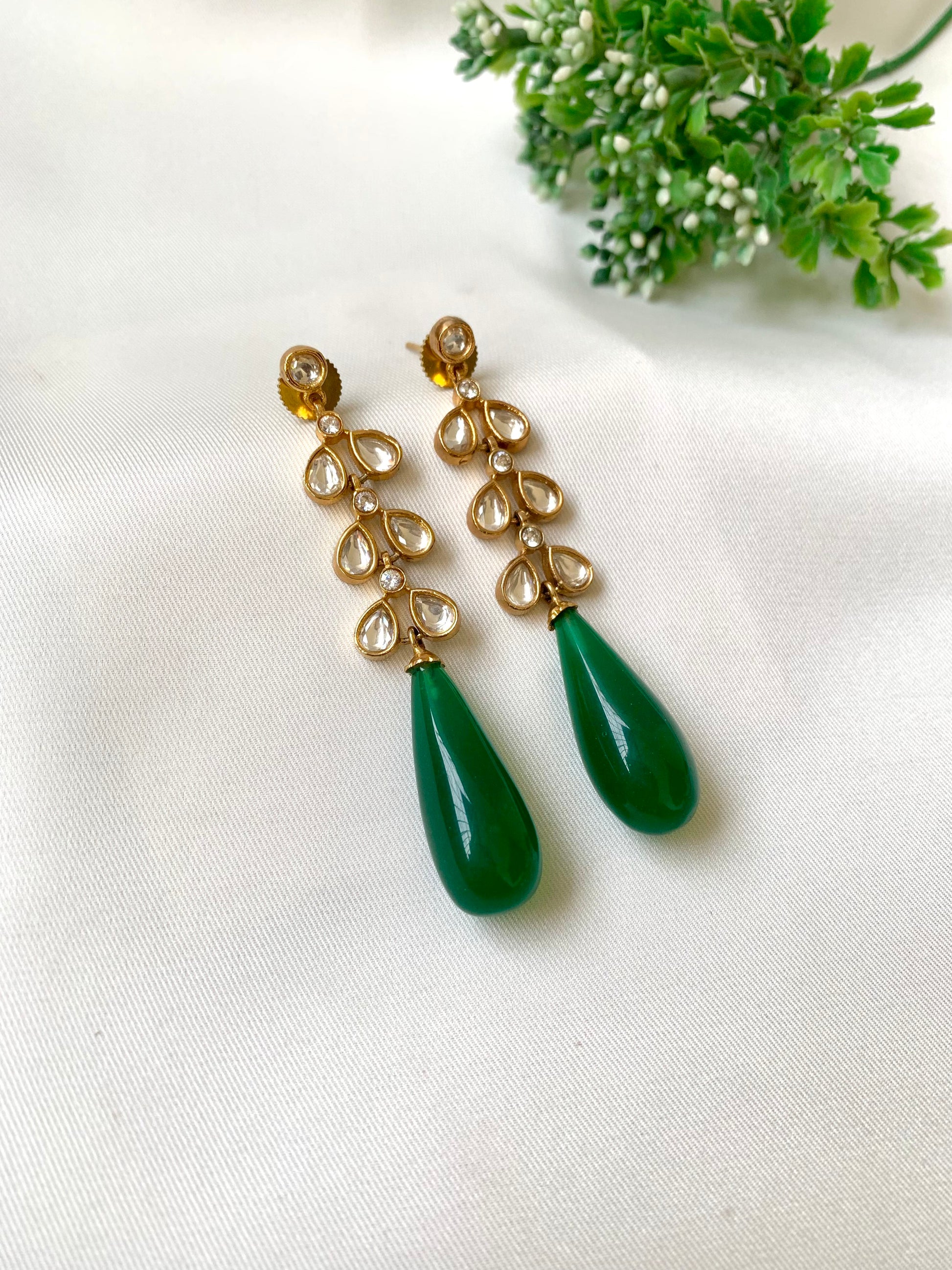 Hand crafted Rumi Emerald earrings featuring American Diamonds and semi-precious Polki Kundan stones