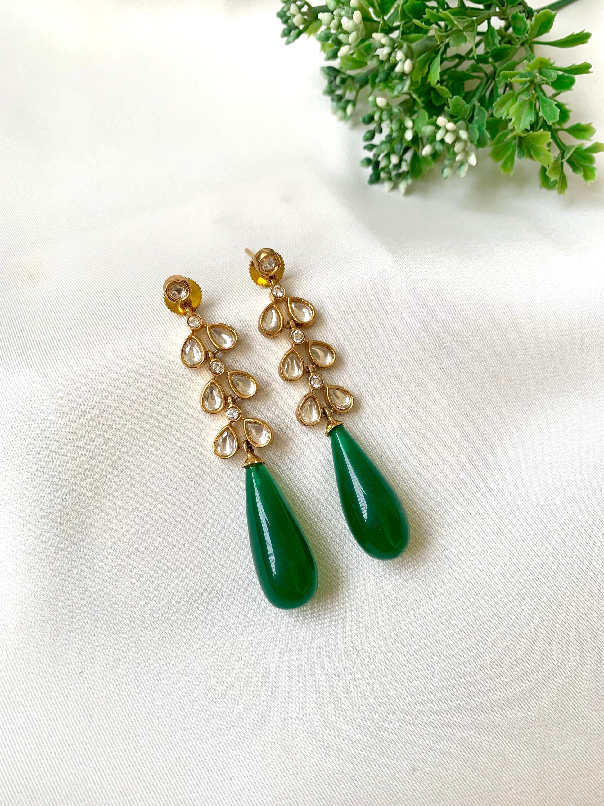 Hand crafted Rumi Emerald earrings featuring American Diamonds and semi-precious Polki Kundan stones