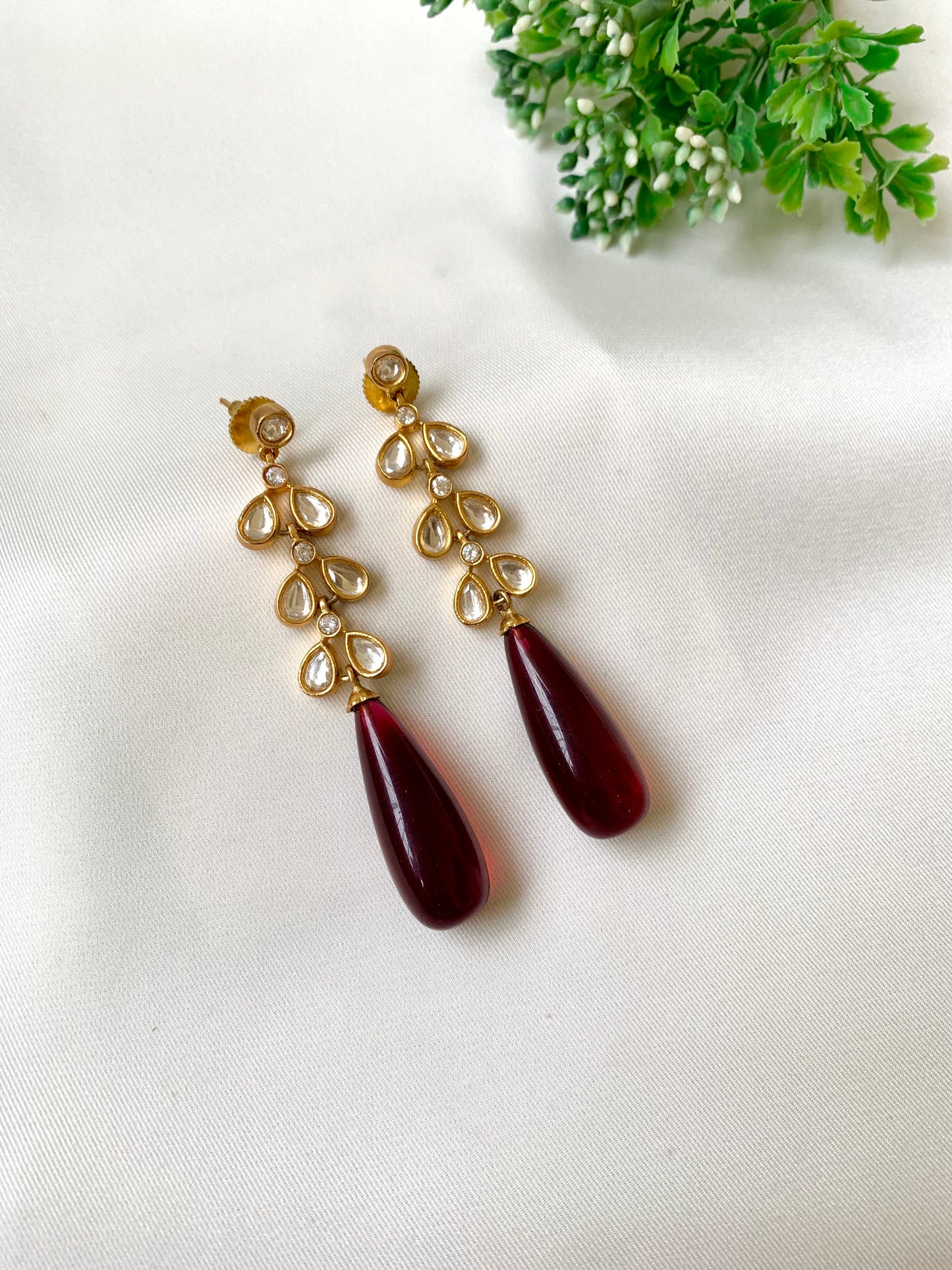 Hand crafted Rumi Ruby earrings featuring American Diamonds and semi-precious Polki Kundan stones