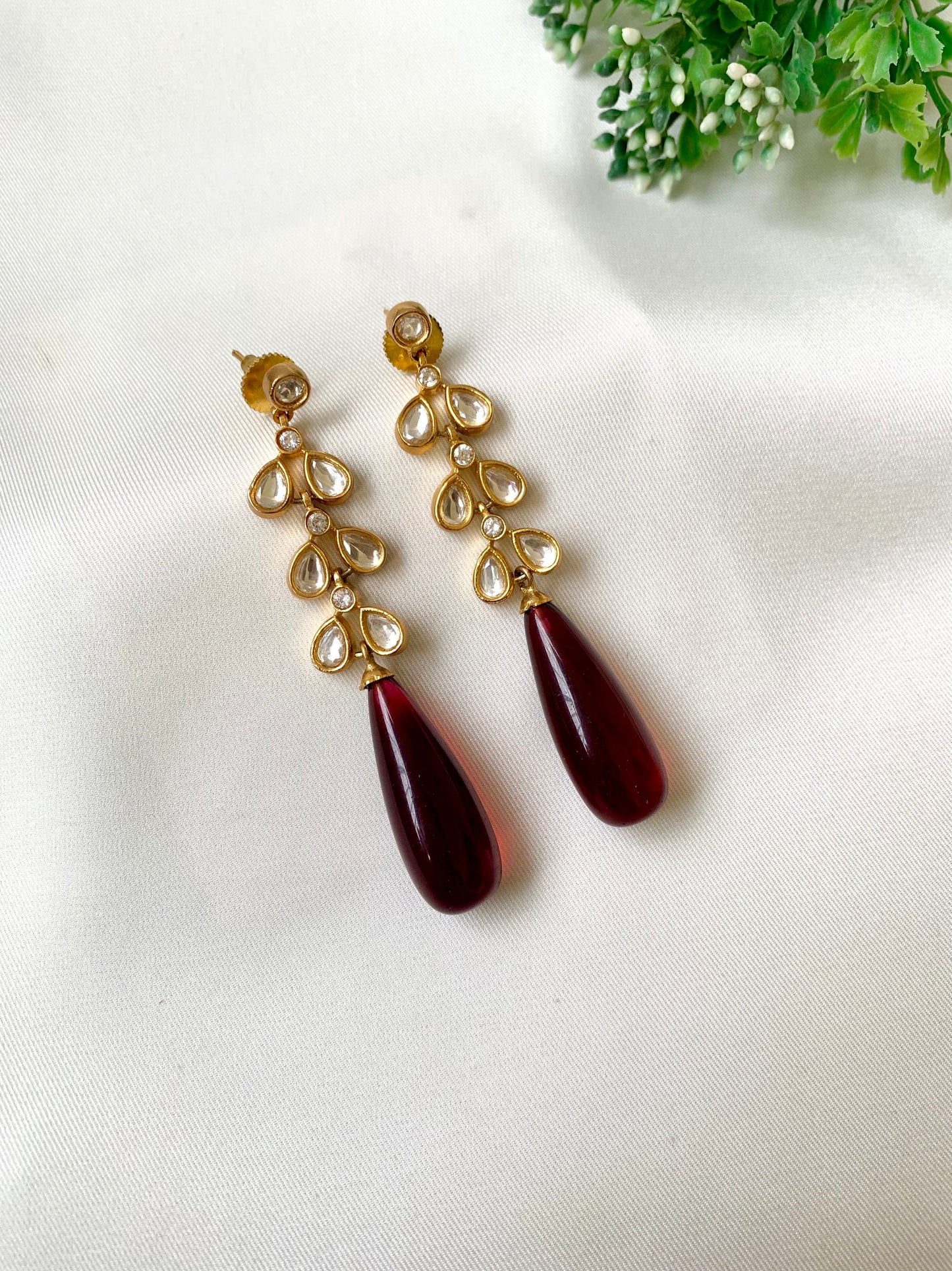Hand crafted Rumi Ruby earrings featuring American Diamonds and semi-precious Polki Kundan stones