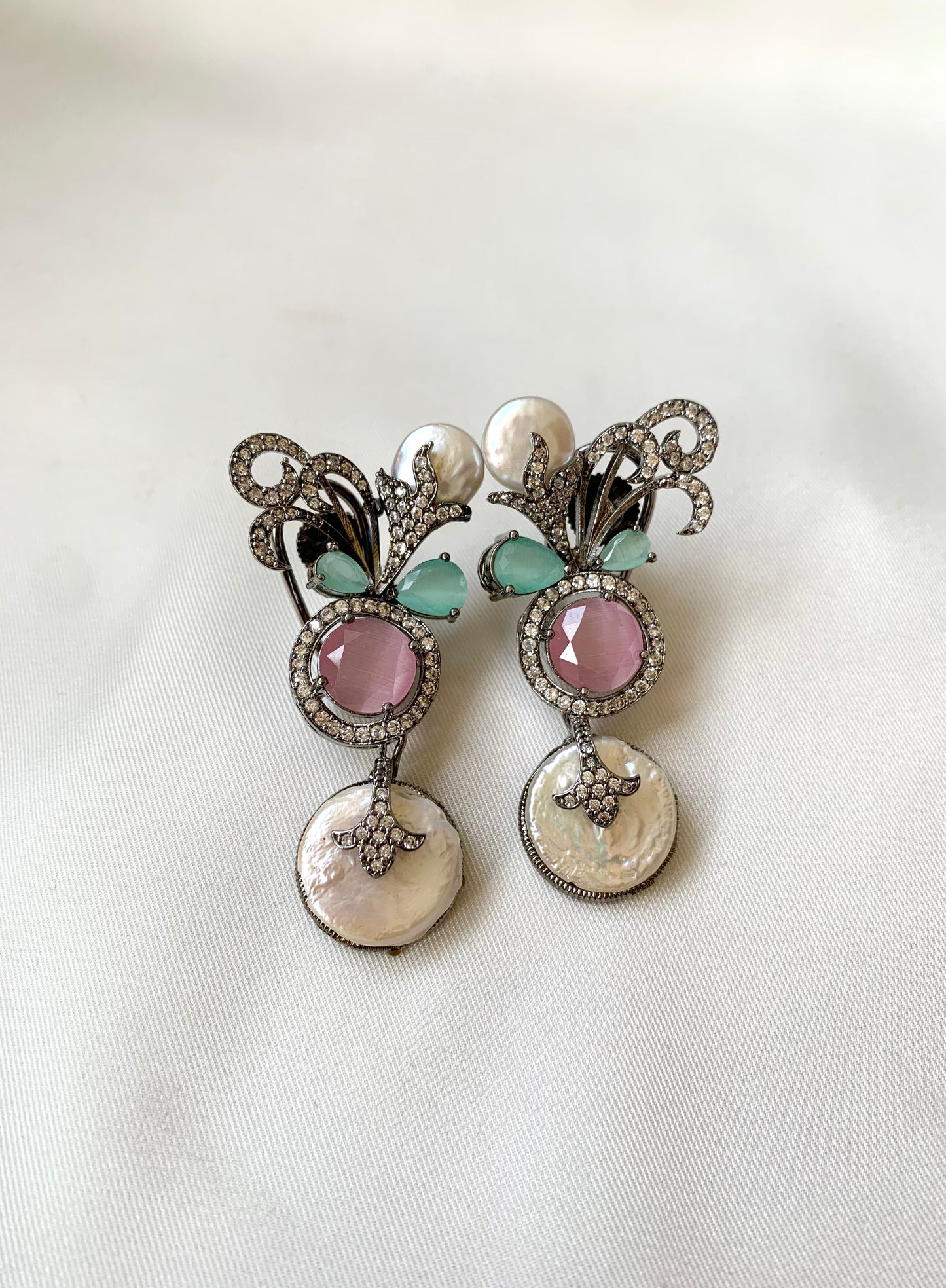 Saaz Mint Pink rhodium oxidized designer earrings with baroque pearls and pink mint onyx