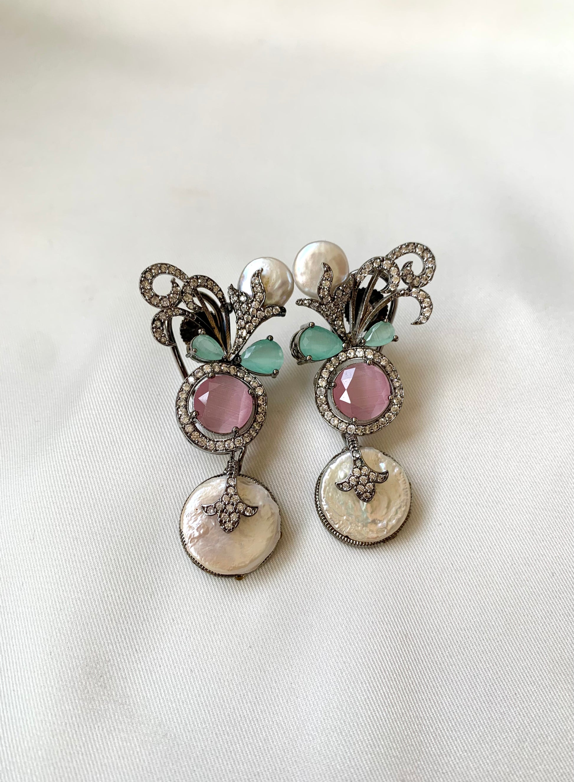 Saaz Mint Pink rhodium oxidized designer earrings with baroque pearls and pink mint onyx