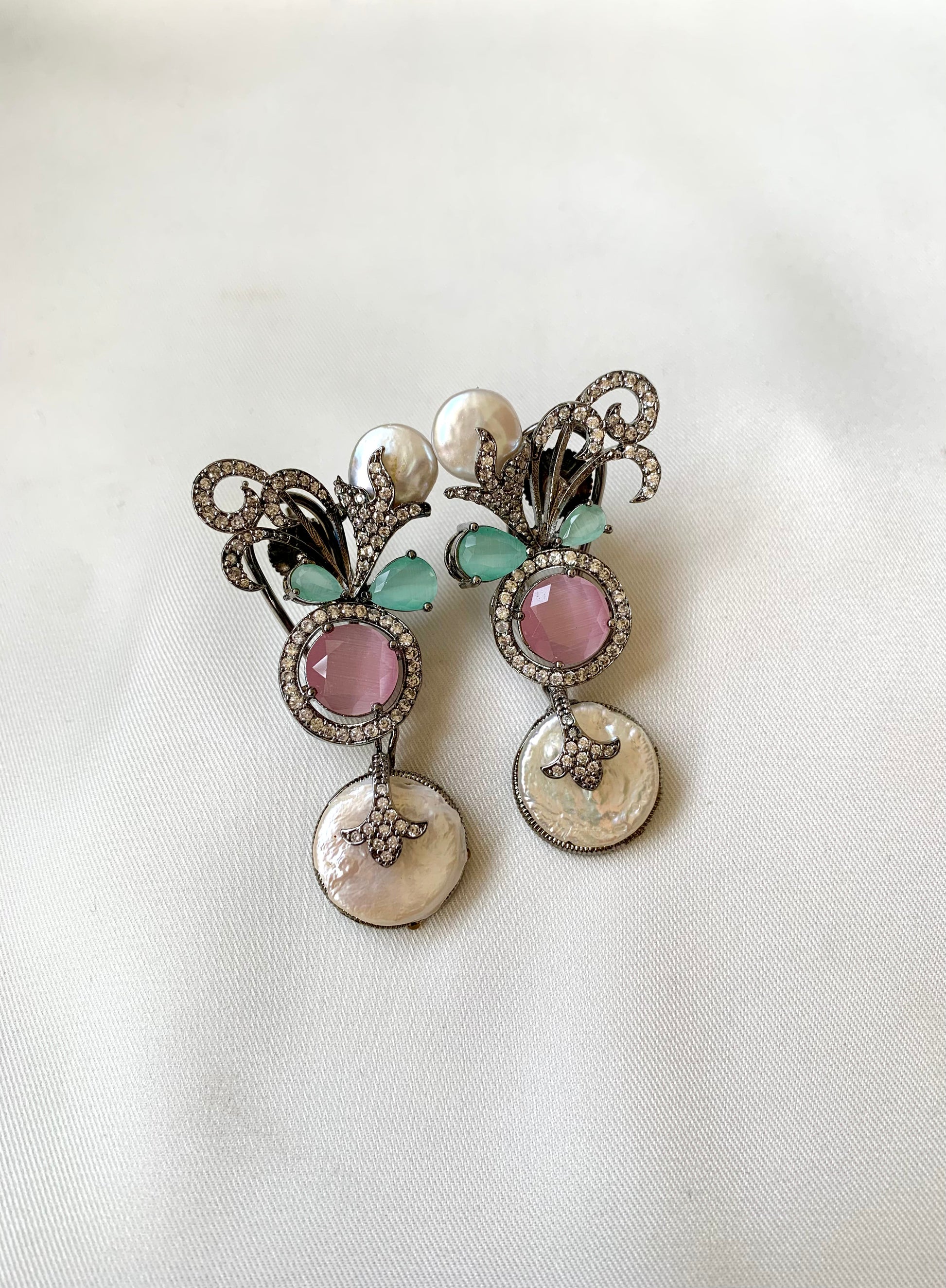 Saaz Mint Pink rhodium oxidized designer earrings with baroque pearls and pink mint onyx