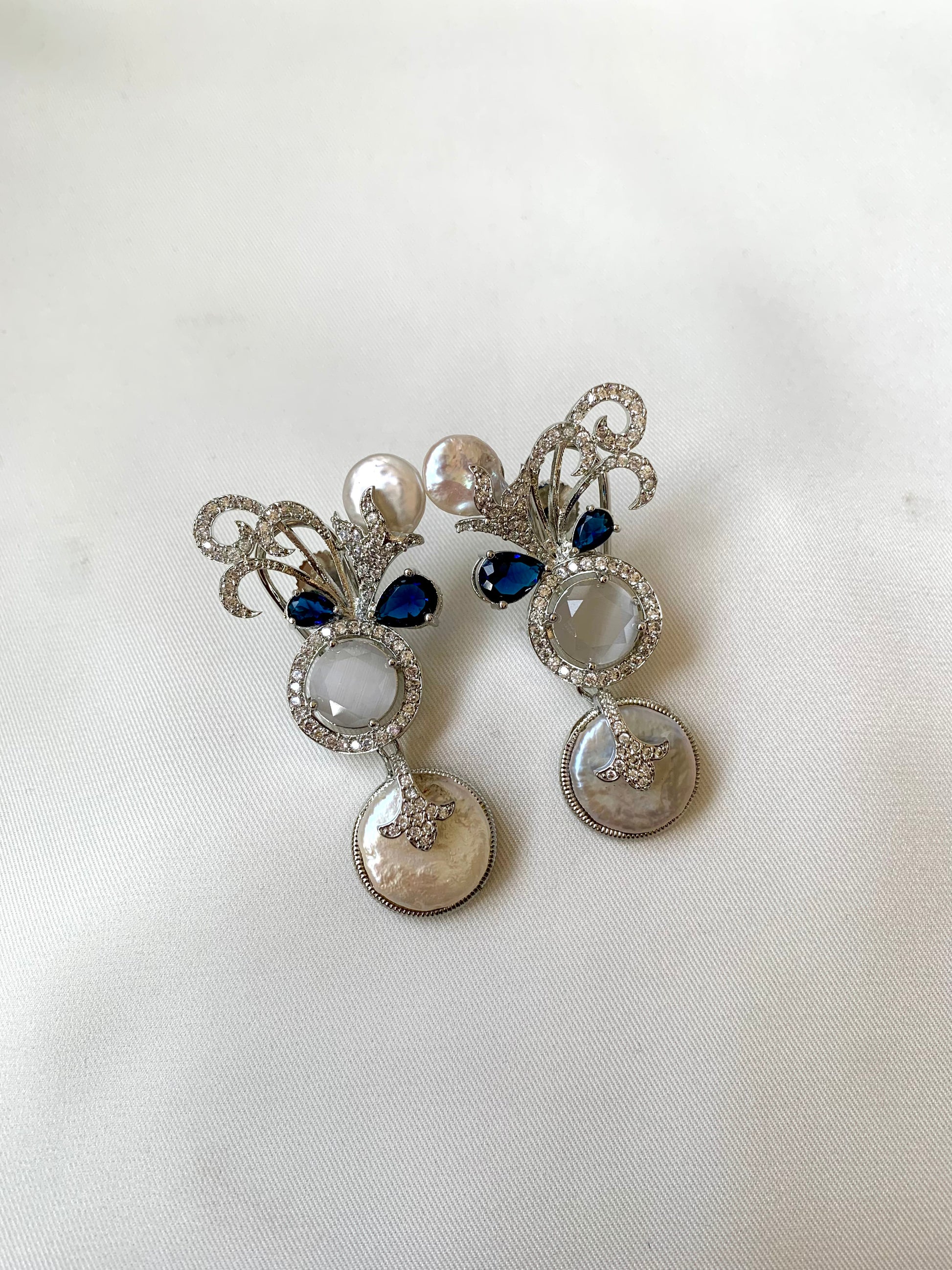 Saaz Sapphire Grey rhodium designer earrings with baroque pearls 