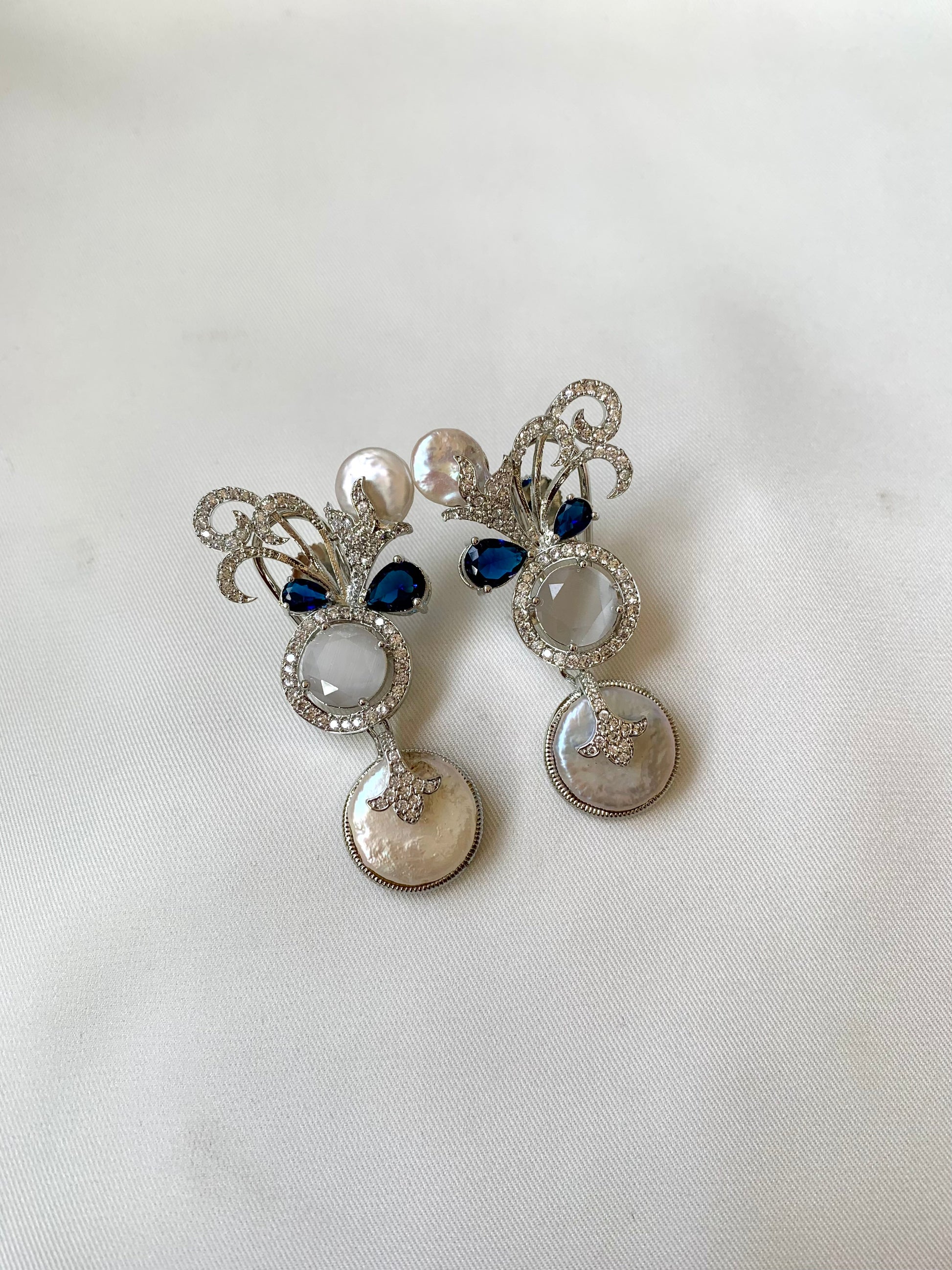 Saaz Sapphire Grey rhodium designer earrings with baroque pearls 