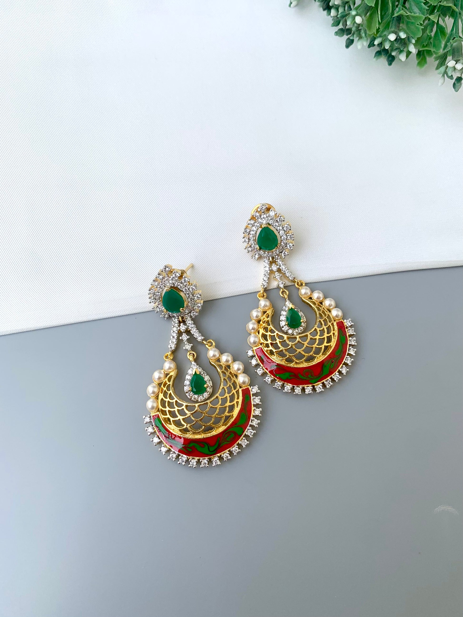 Saba gold plated earrings with pearls American diamonds emerald and hand painted meena work
