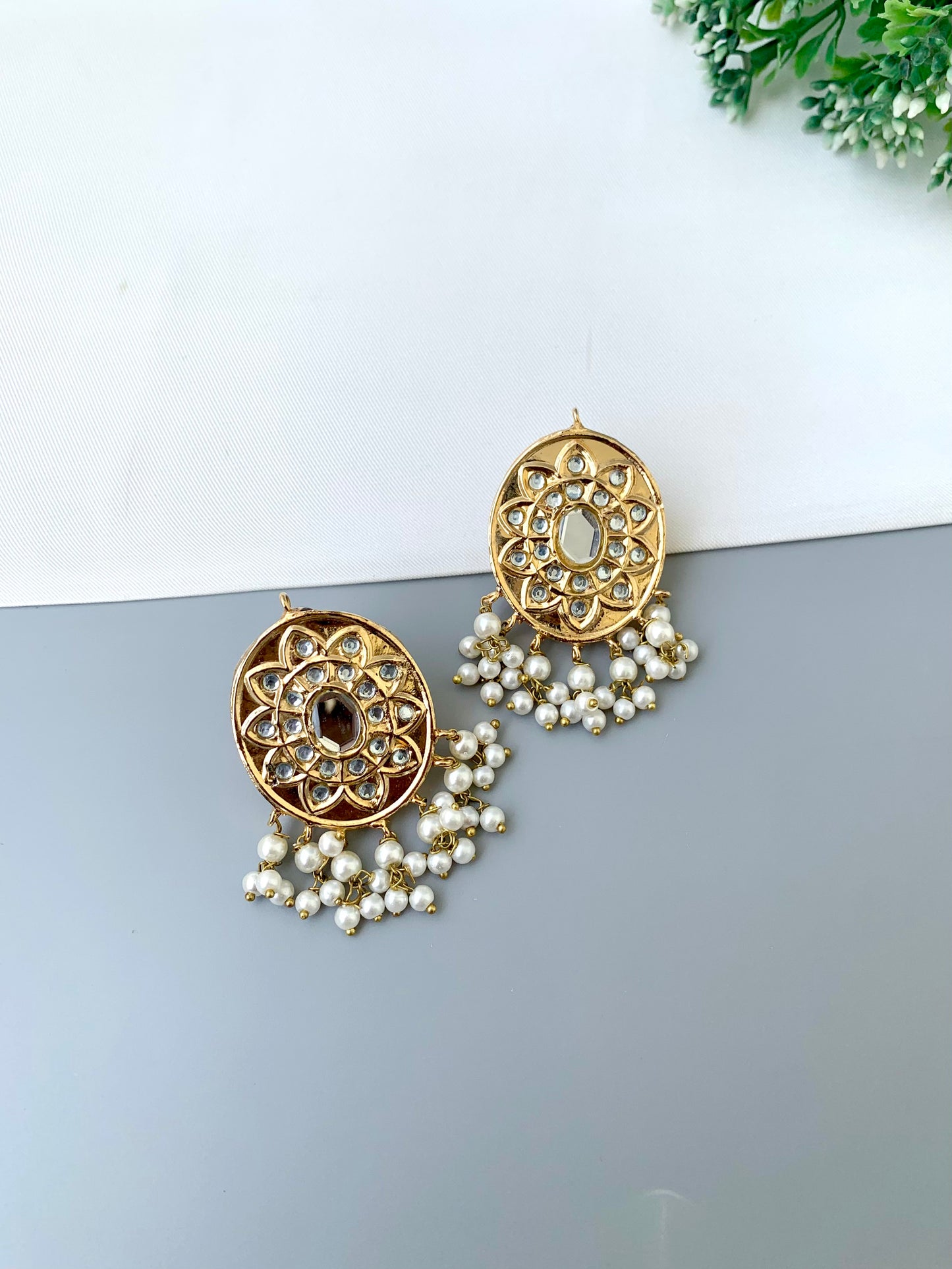 Sabina kundan pearl earrings in gold plating with traditional design