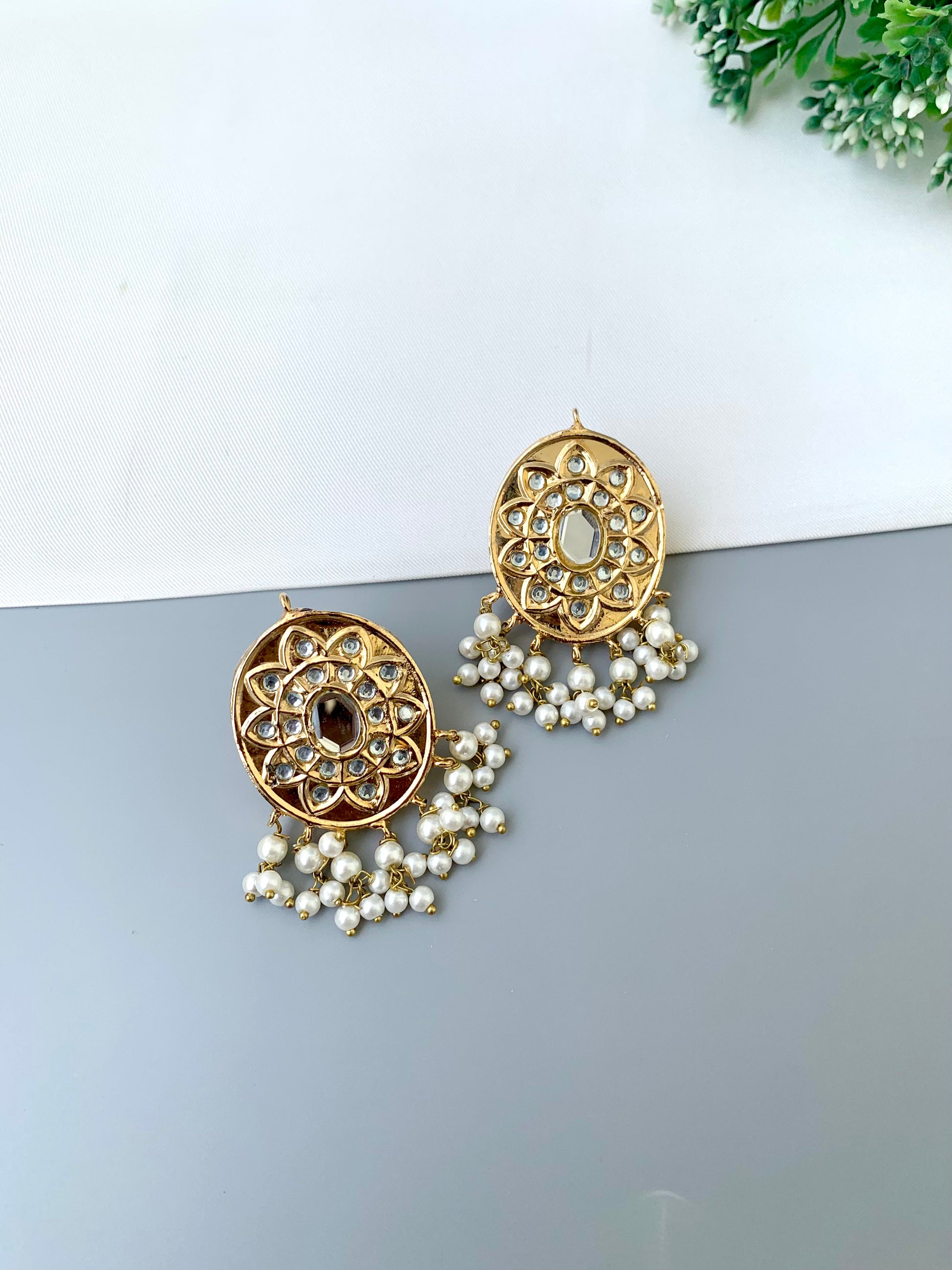 Sabina kundan pearl earrings in gold plating with traditional design