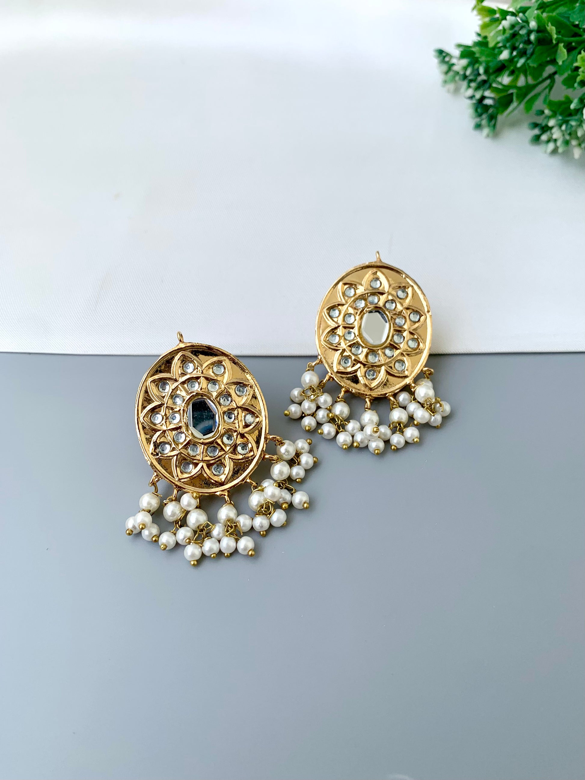 Sabina kundan pearl earrings in gold plating with traditional design