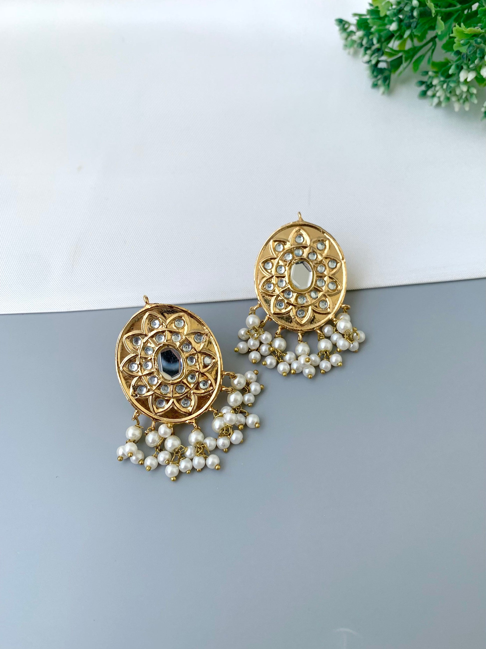 Sabina kundan pearl earrings in gold plating with traditional design