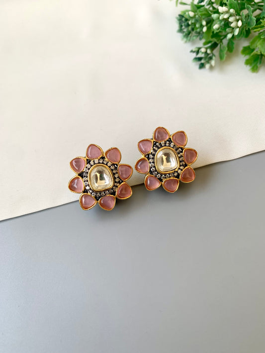 Hand crafted Sable Studs in rhodium plating with oxidized polish, featuring American Diamonds, Polki Kundan and semi-precious Onyx stones