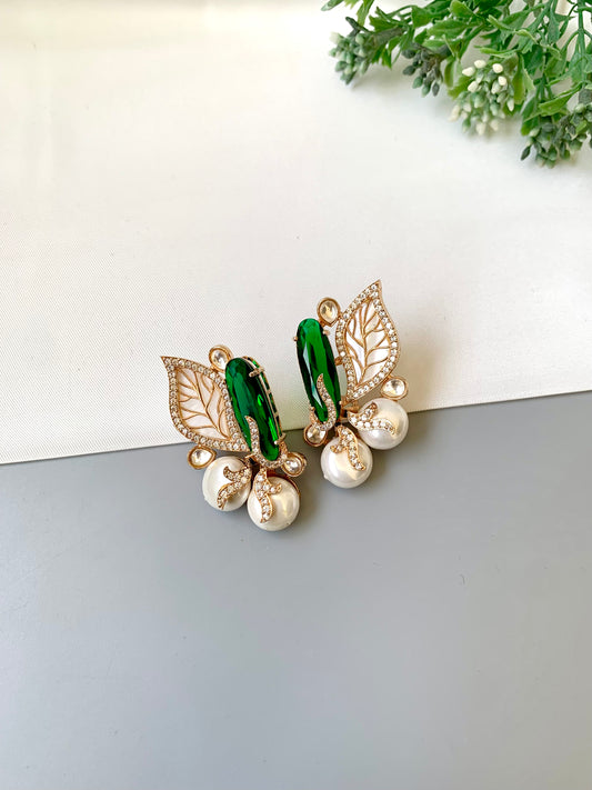 Saga emerald studs in rose gold plating with polki kundan, baroque pearls and mother of pearl