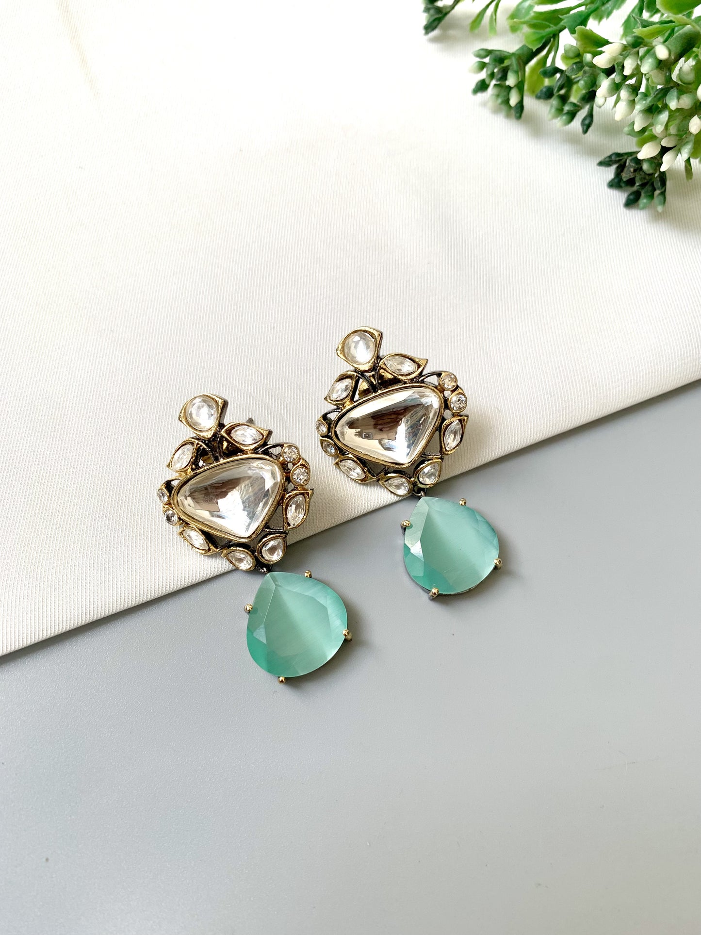 Sahira Mint – Polki Kundan Earrings with Semi-Precious Drops