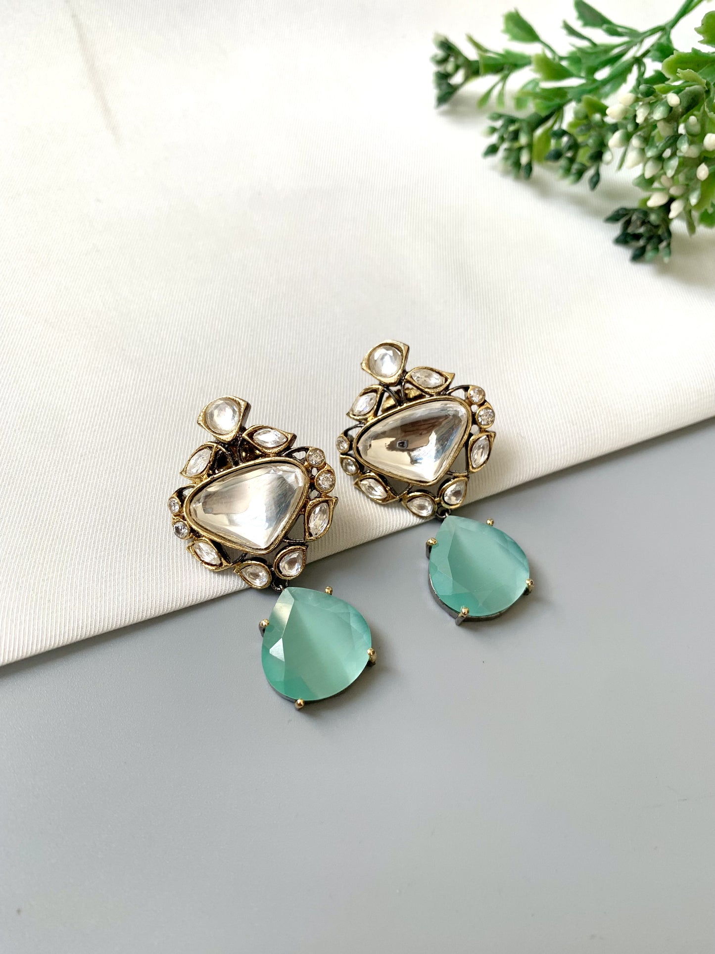 Sahira Mint – Polki Kundan Earrings with Semi-Precious Drops