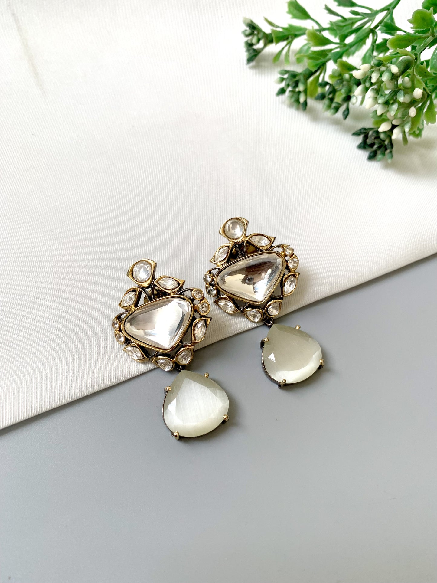 Sahira White – Polki Kundan Earrings with Semi-Precious Drops