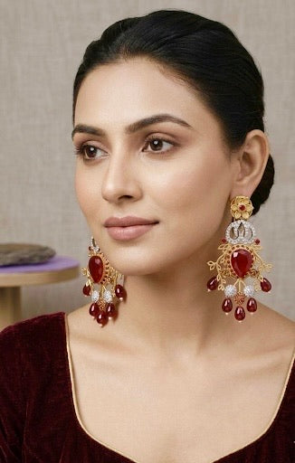 Sakeena ruby earrings in 22kt gold plating with American diamonds