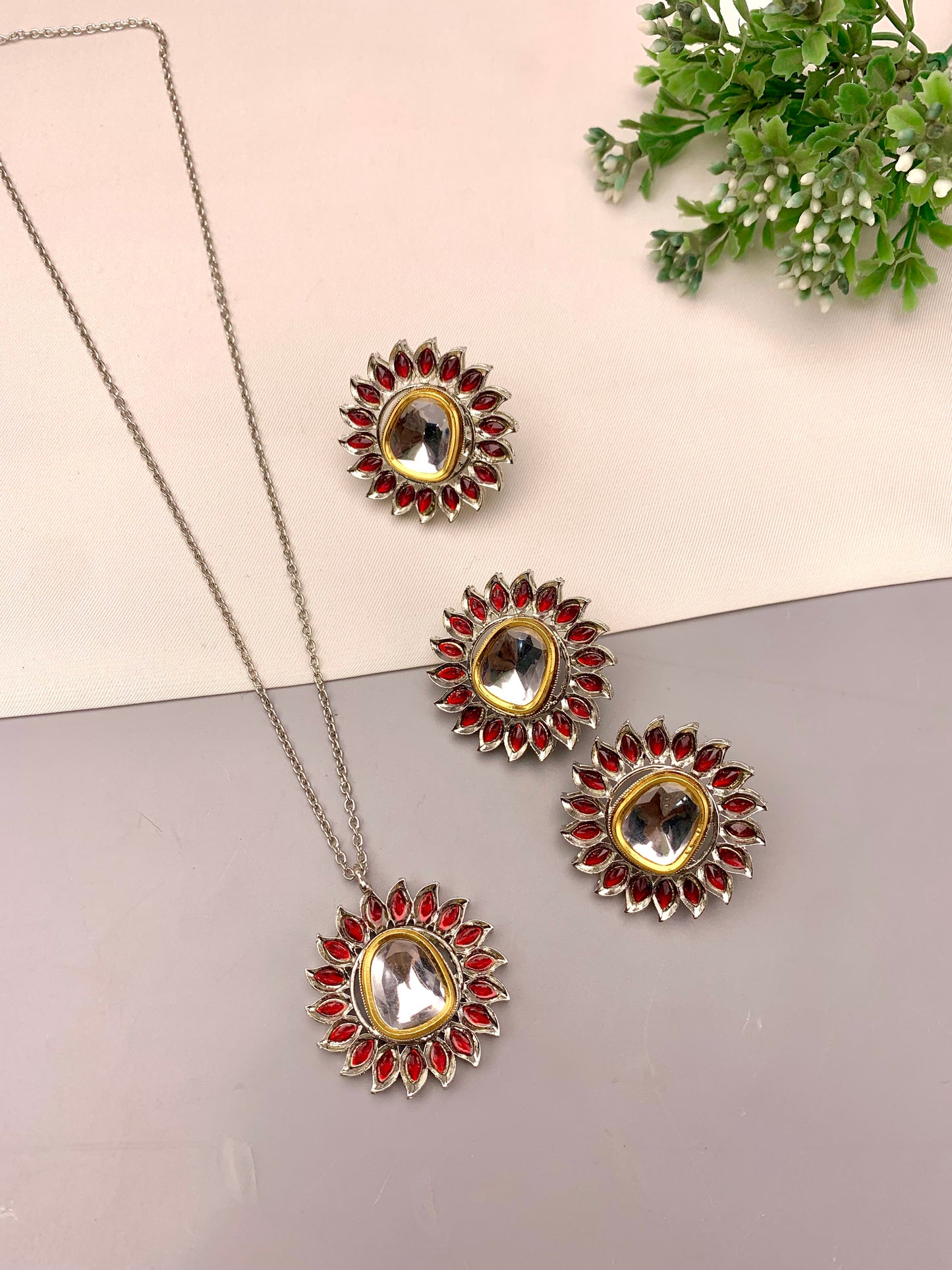 Sareha handcrafted combo jewellery set with pendant chain, studs and adjustable ring in Ruby, Emerald and White variants