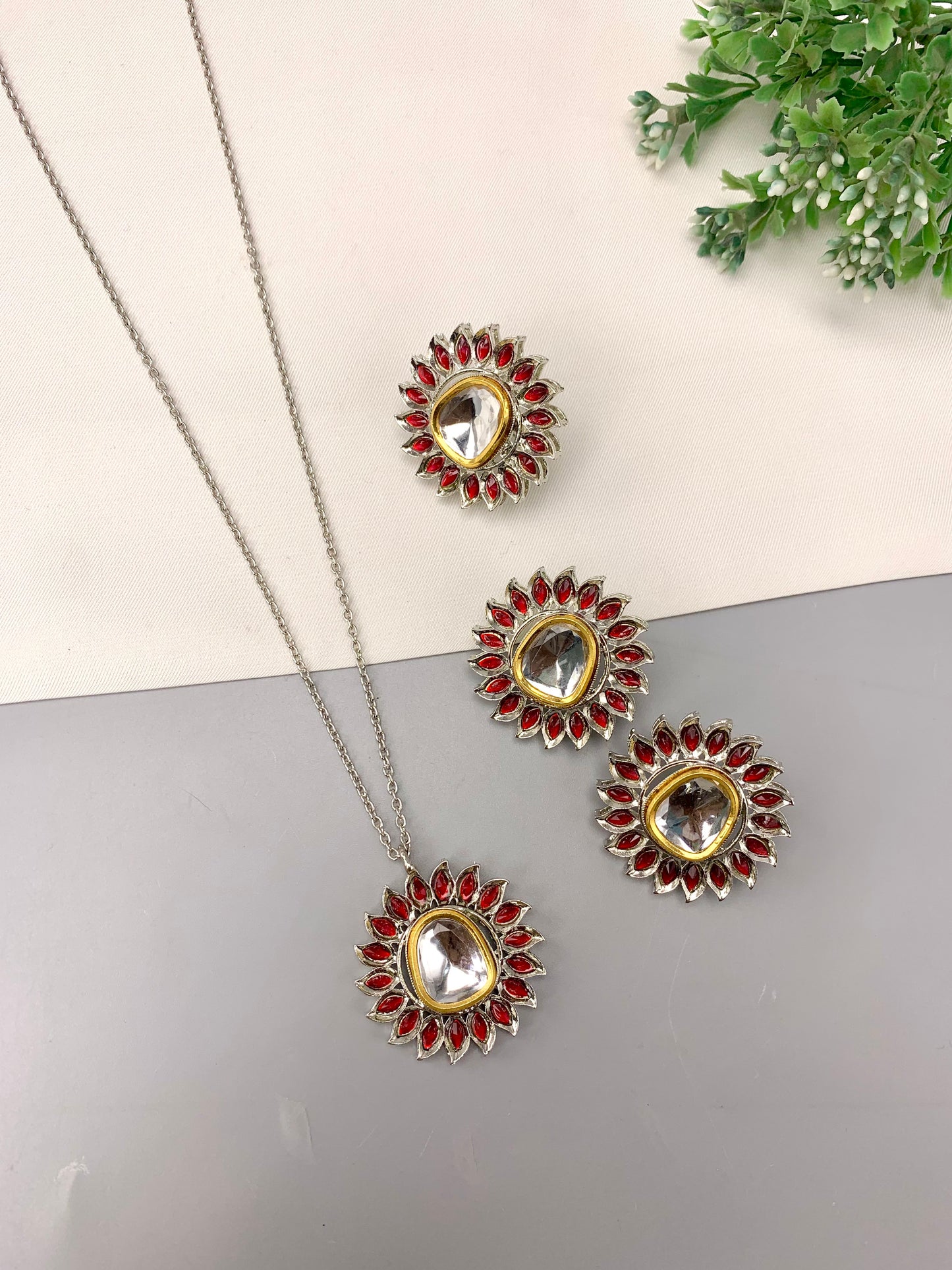 Sareha handcrafted combo jewellery set with pendant chain, studs and adjustable ring in Ruby, Emerald and White variants