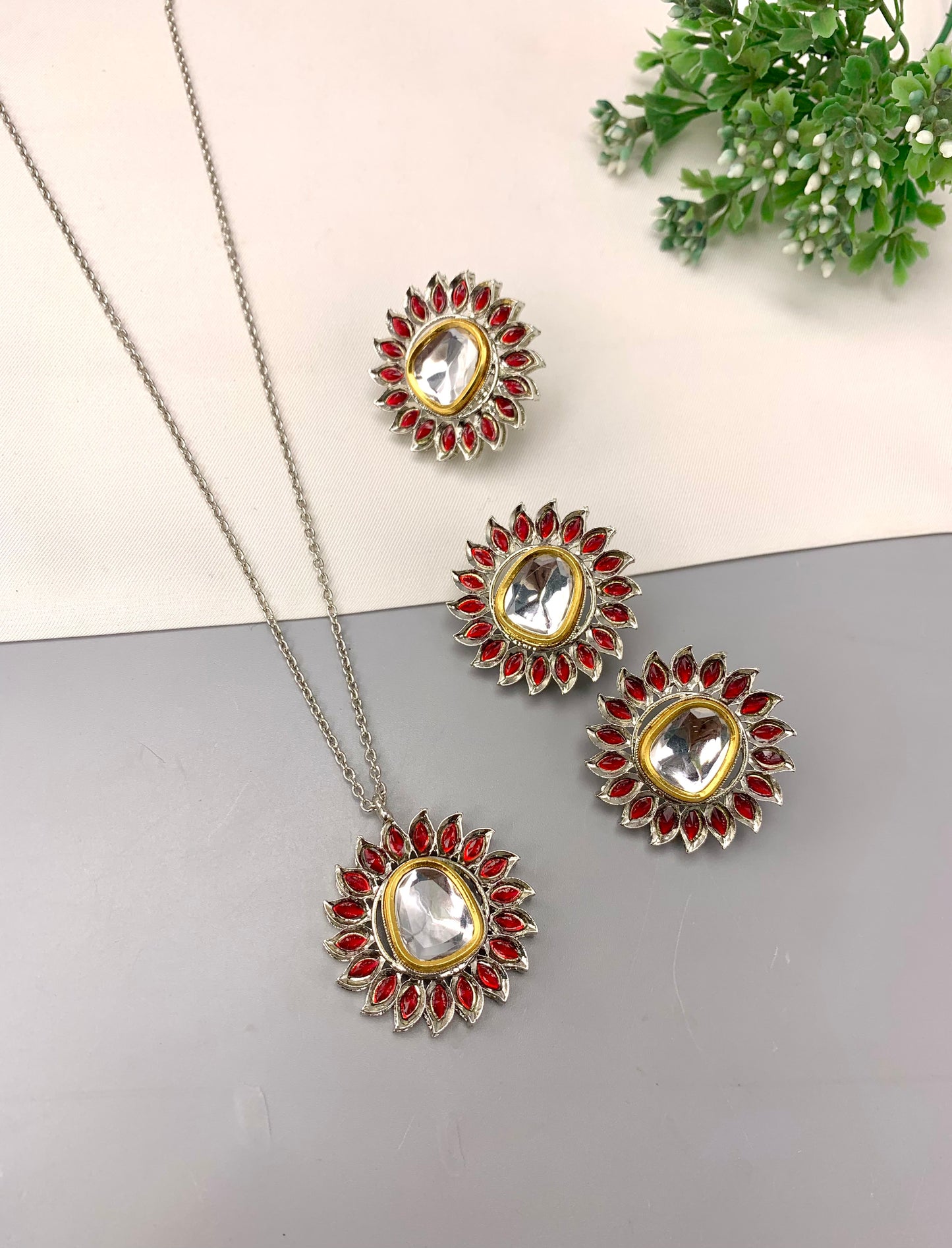 A jewelry set featuring a silver-tone necklace and matching earrings with red floral-shaped stones surrounding a central clear stone, displayed on a split white and gray background with a small green plant in the corner.