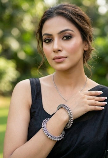 Sasha rhodium plated bangles with oxidized finish and American diamonds in stackable design