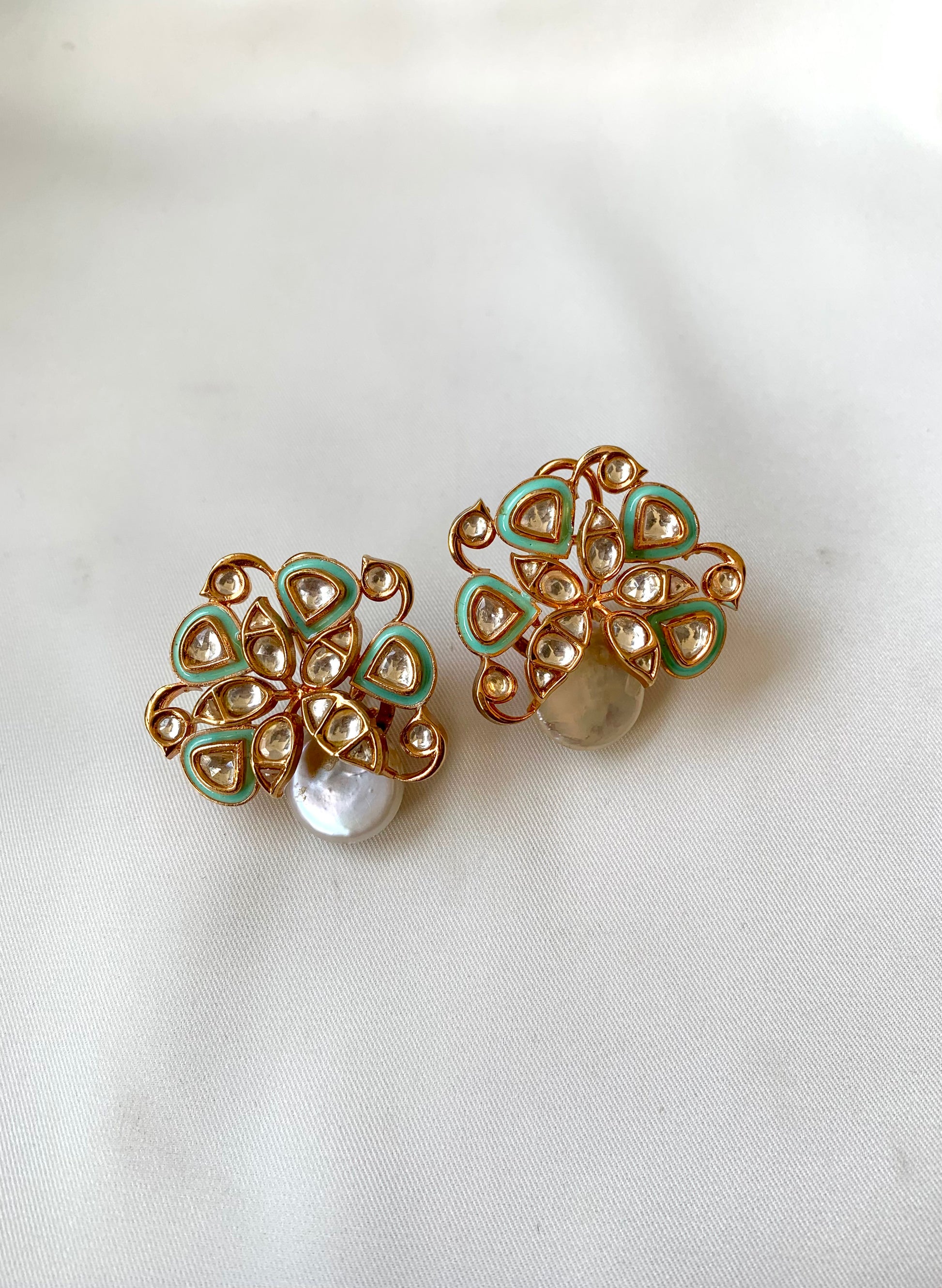 Serwa Mint rose gold plated signature studs with baroque pearls and polki kundan meena detailing