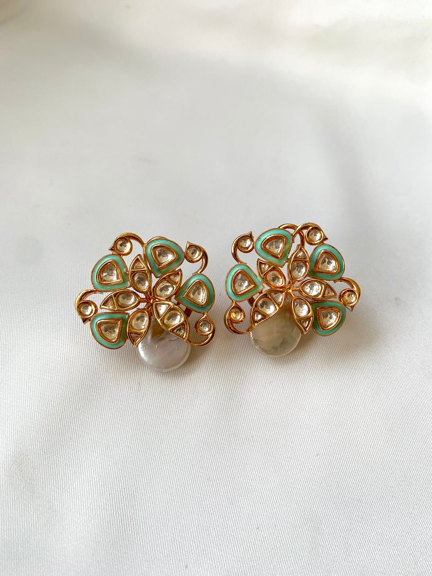 Serwa Mint rose gold plated signature studs with baroque pearls and polki kundan meena detailing